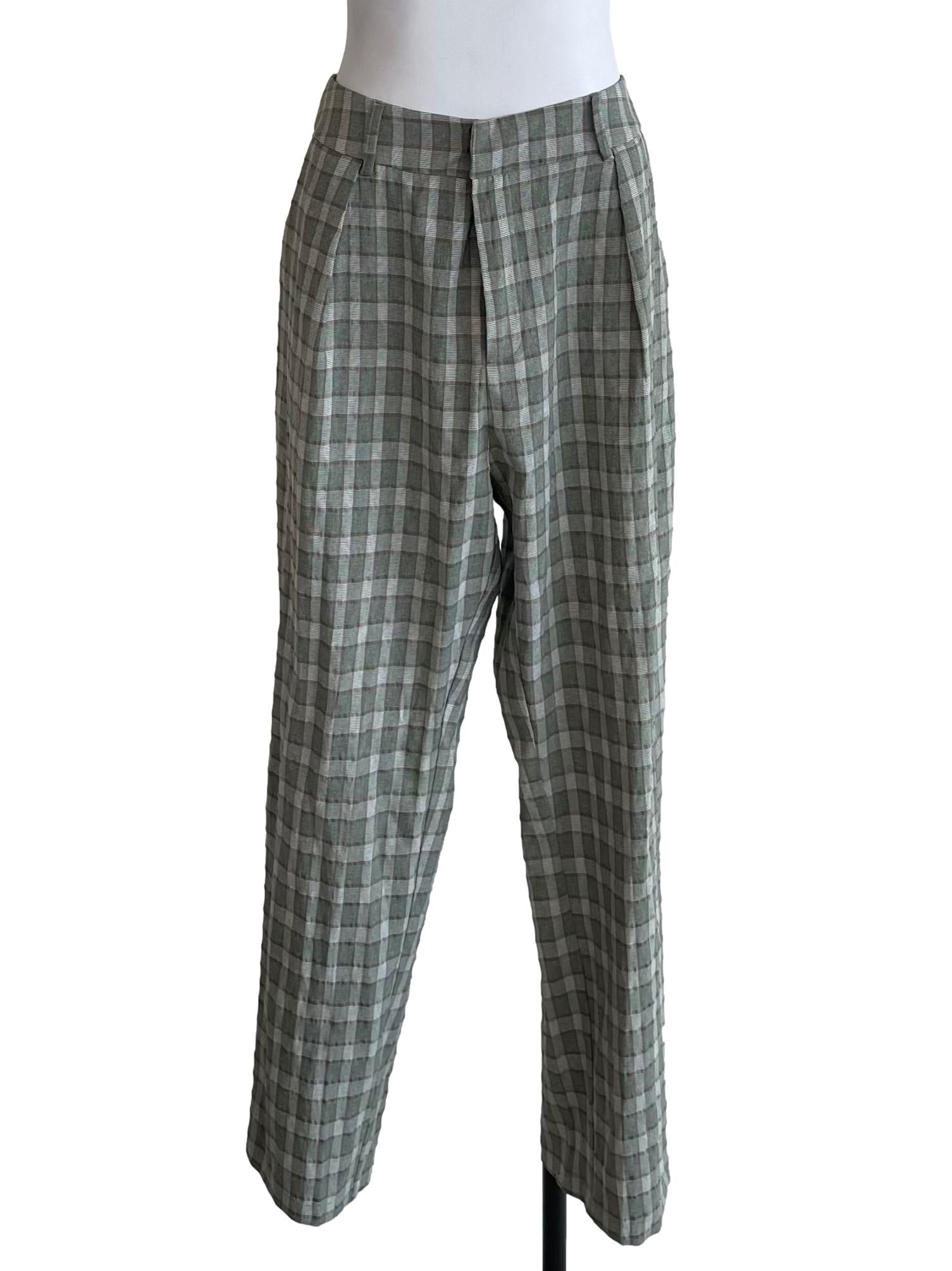 Olive Green Checks Formal Pants