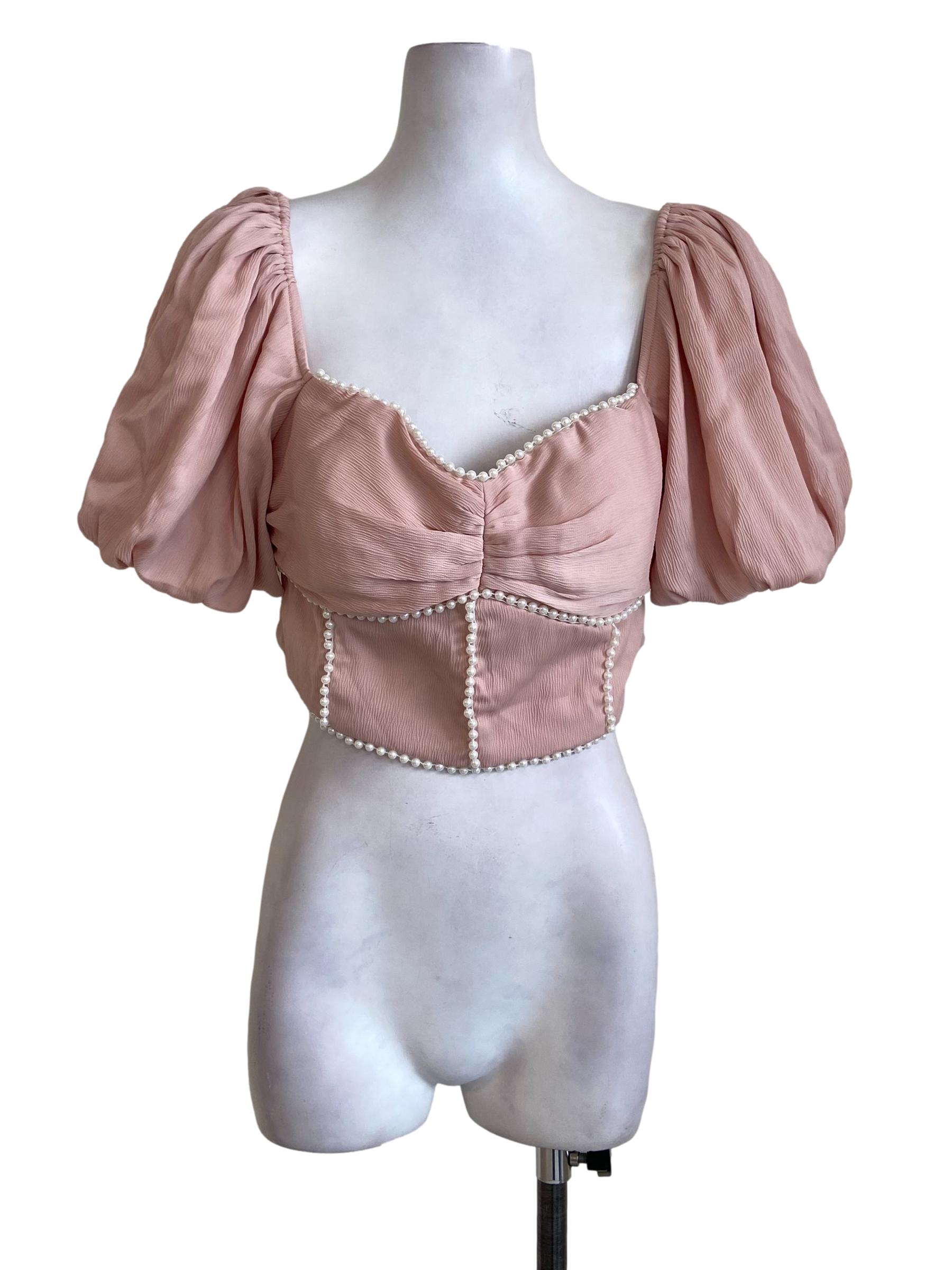 Salmon Pink Juliet Sleeve Pearl Crop Top