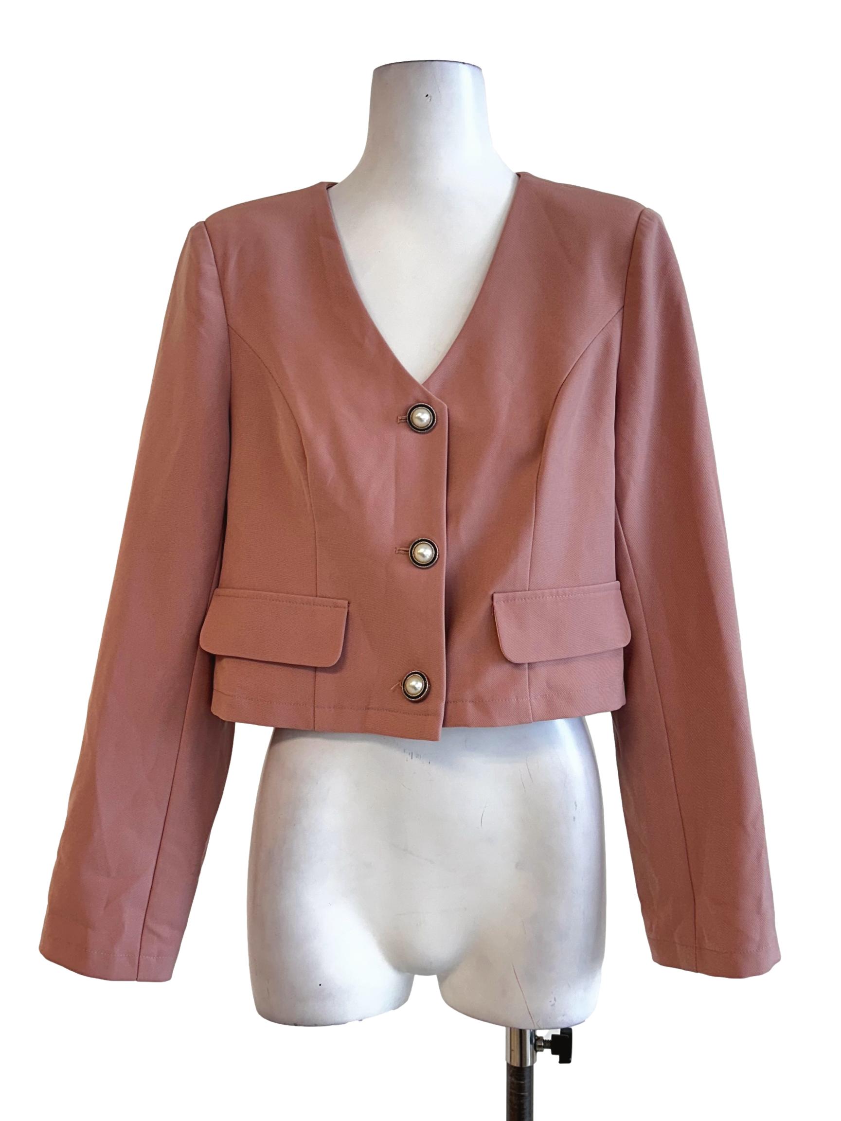 Coral Pink Button V Neckline Top