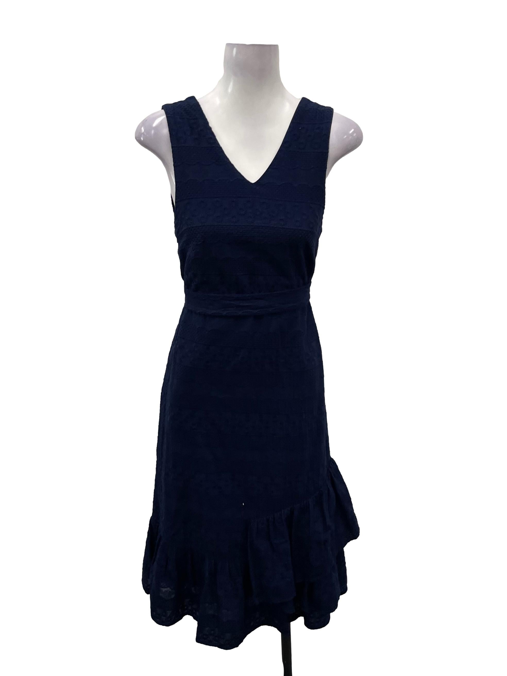 Navy Blue V-Neck Floral Embriodered Midi Dress