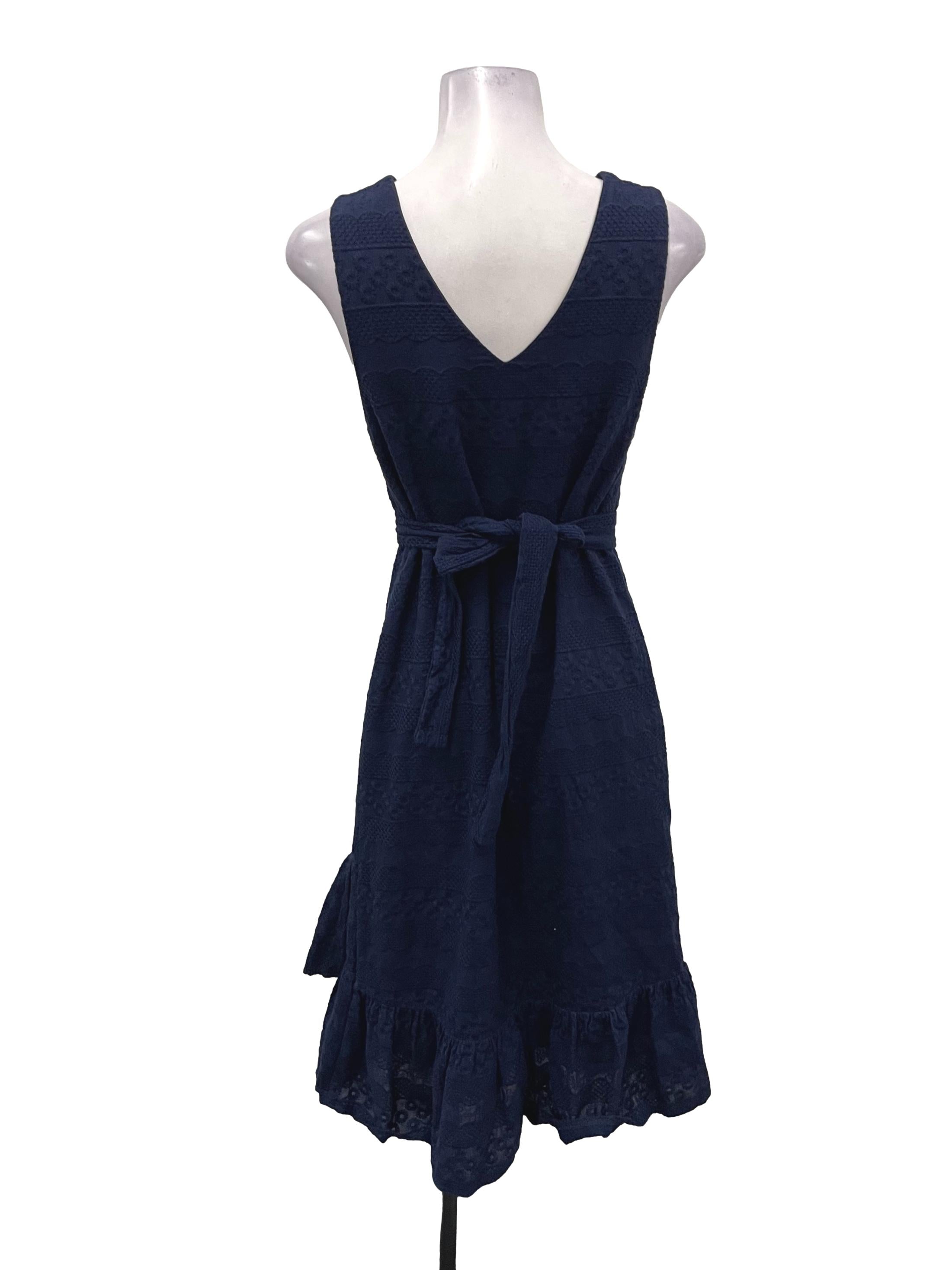 Navy Blue V-Neck Floral Embriodered Midi Dress
