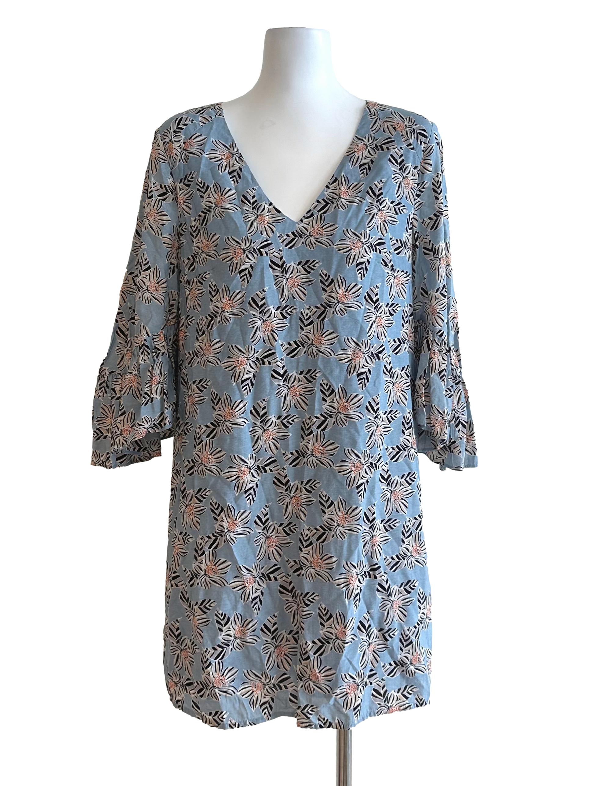 Light Blue Pattern V Neck Dress LB