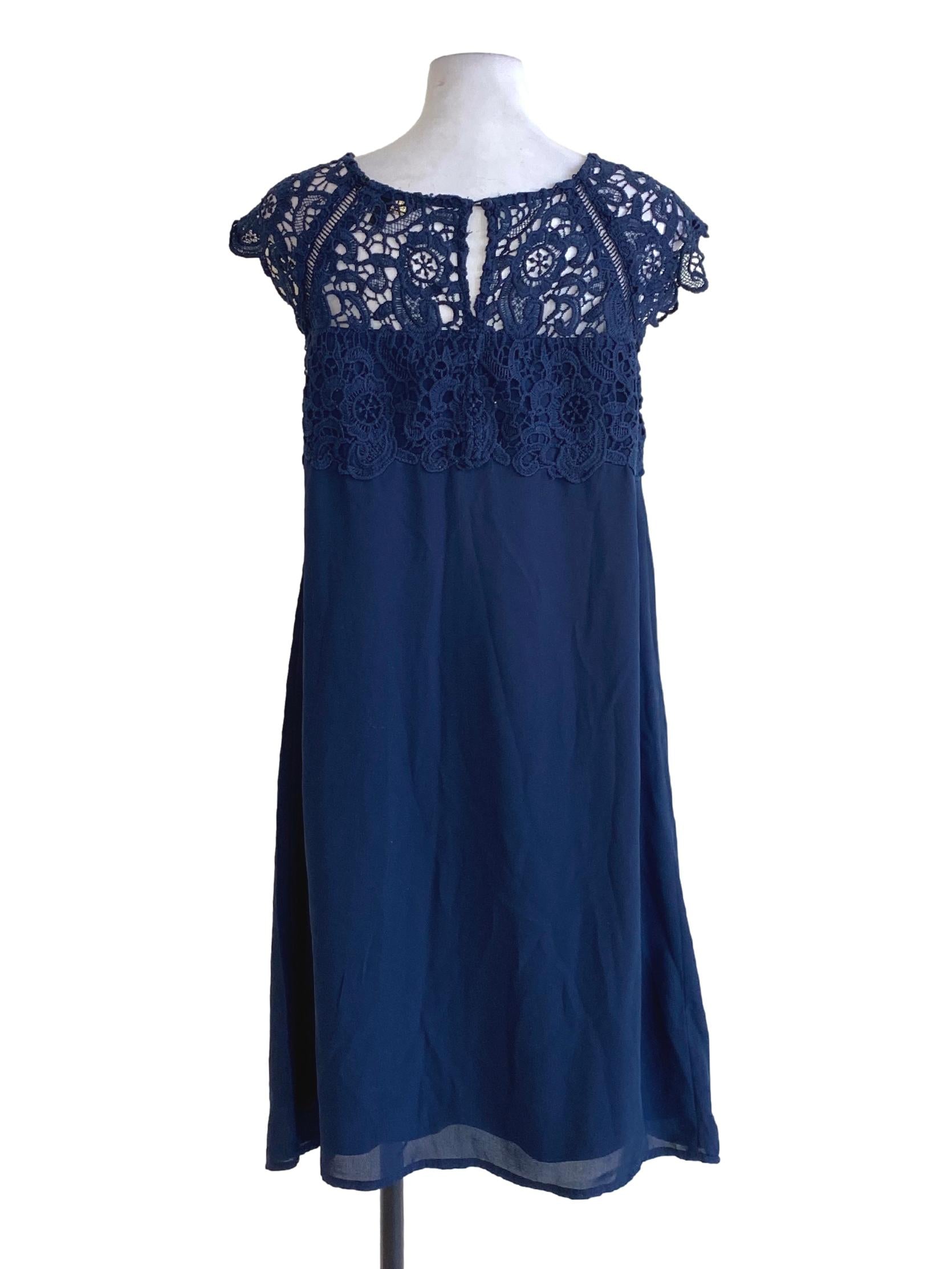 Navy Blue Floral Lace Detail Round Neck Shift Dress