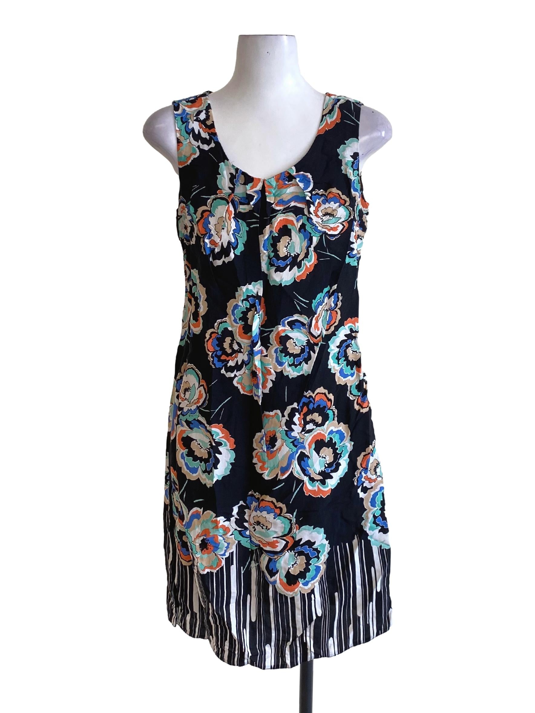 Dark Midnight Blue Floral Printed Round Neck Shift Dress