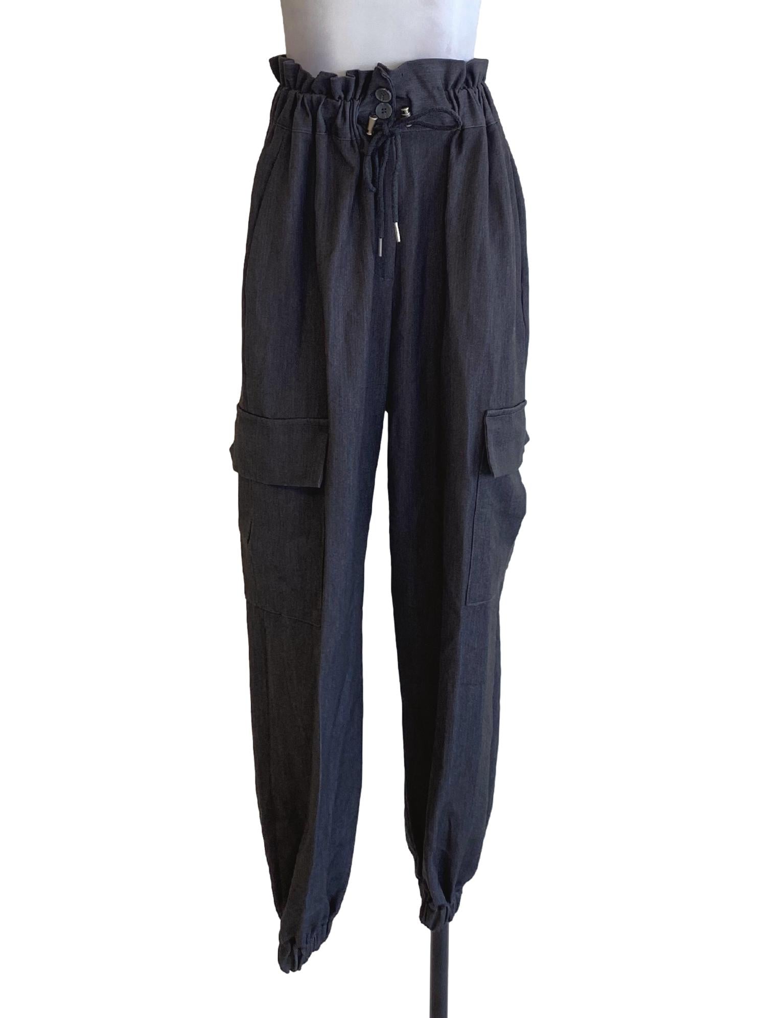 Dark Pebble Grey Ruffle Waist Slim Cargo Track Pants