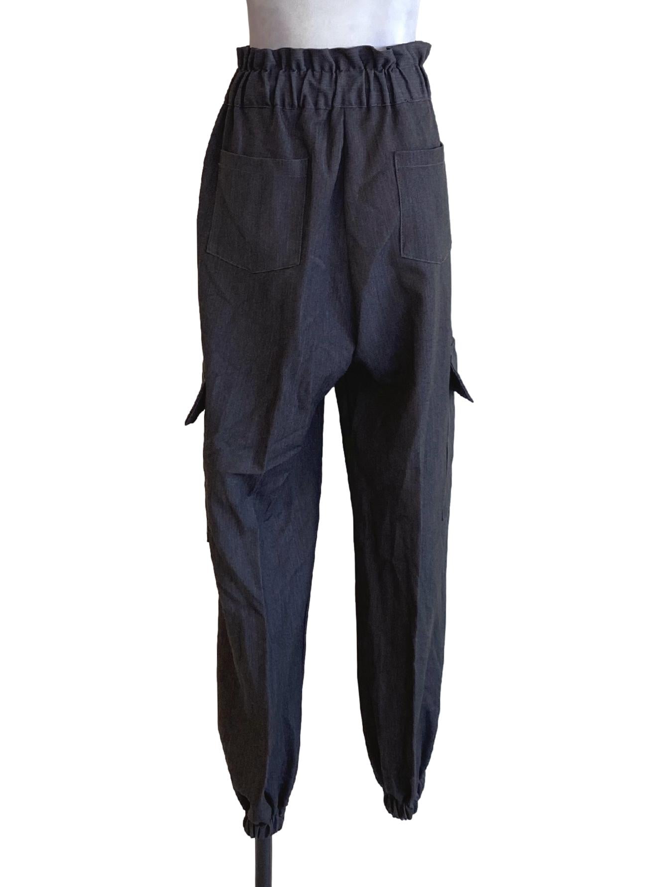 Dark Pebble Grey Ruffle Waist Slim Cargo Track Pants