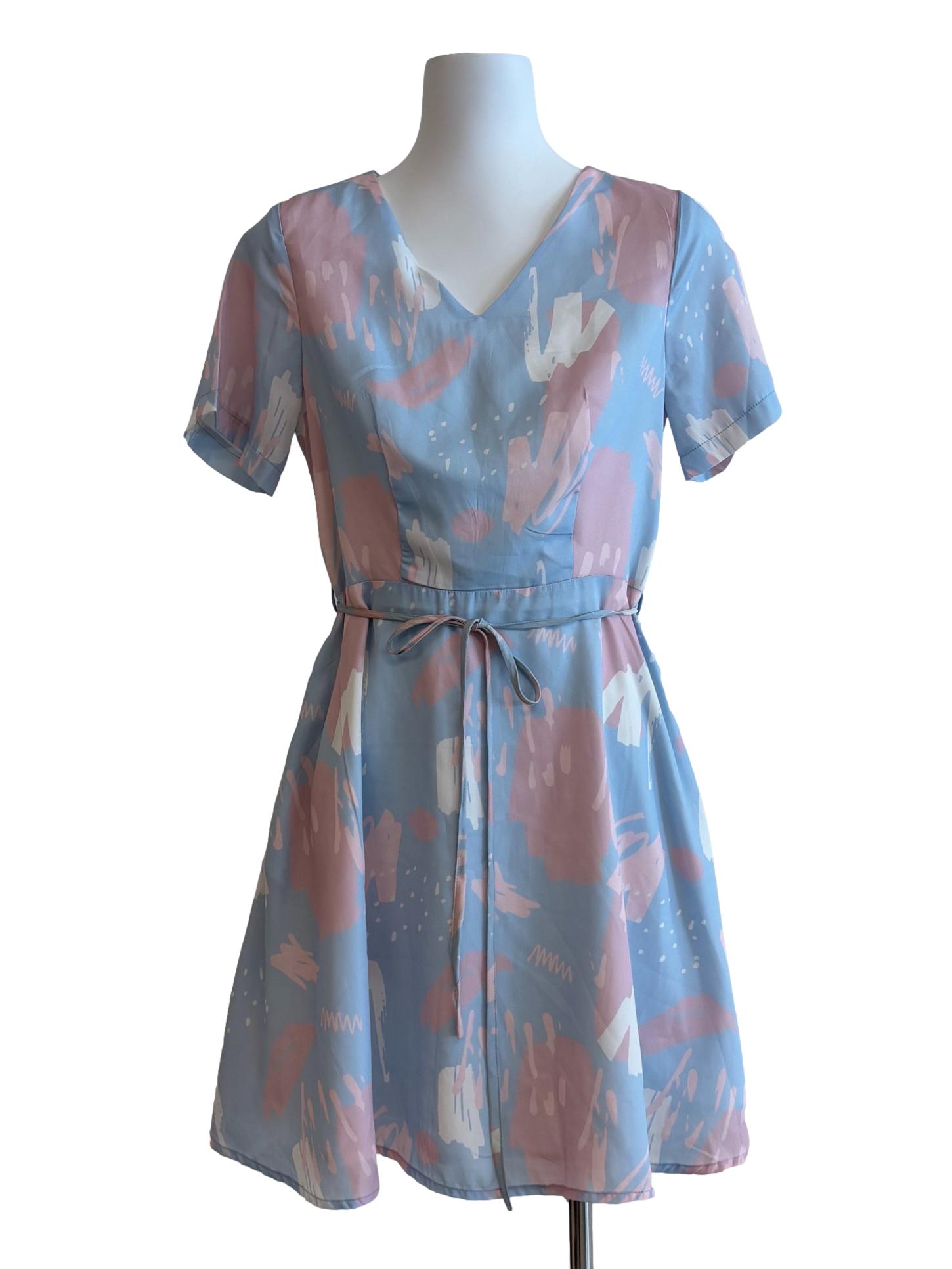 Pastel Blue Pink Abstract Print A-Line Dress
