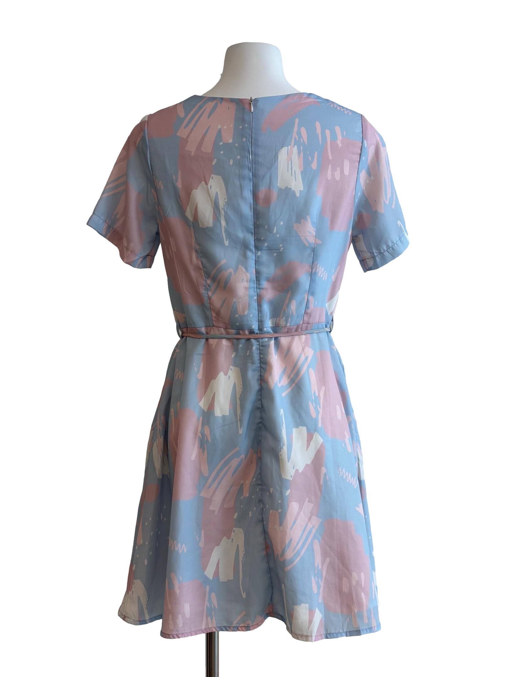 Pastel Blue Pink Abstract Print A-Line Dress
