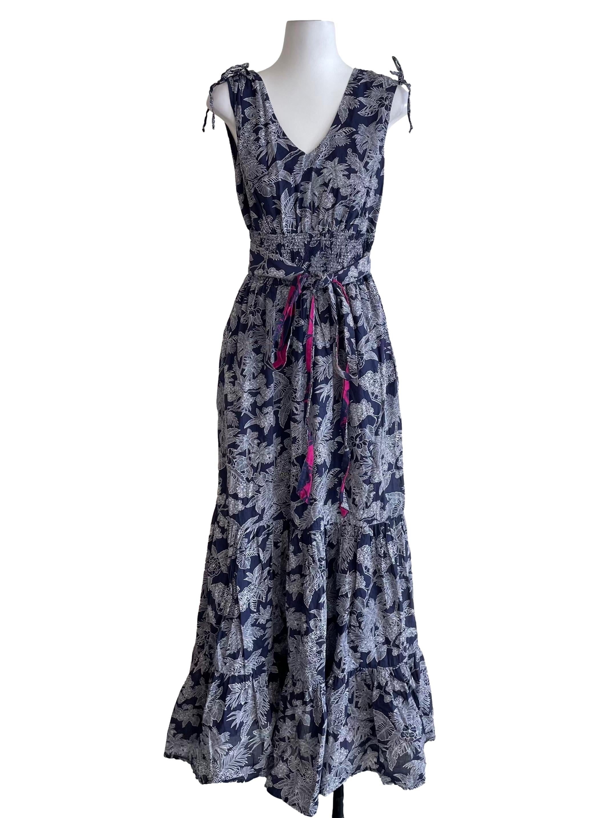 Navy Tropical Shirred Waist Dress