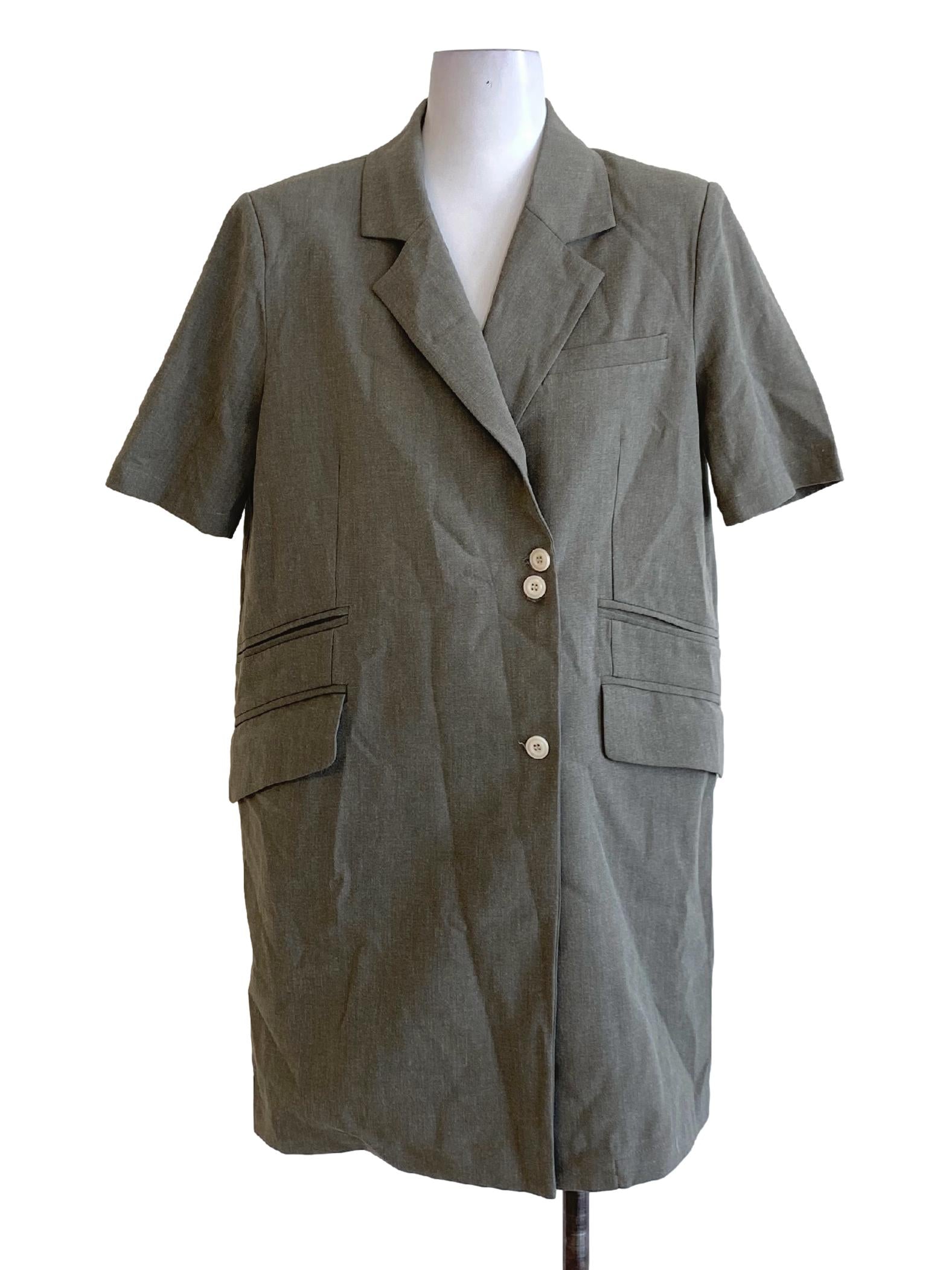 Dark Sage Green Buttoned Notched Collar Straight Cut Coat