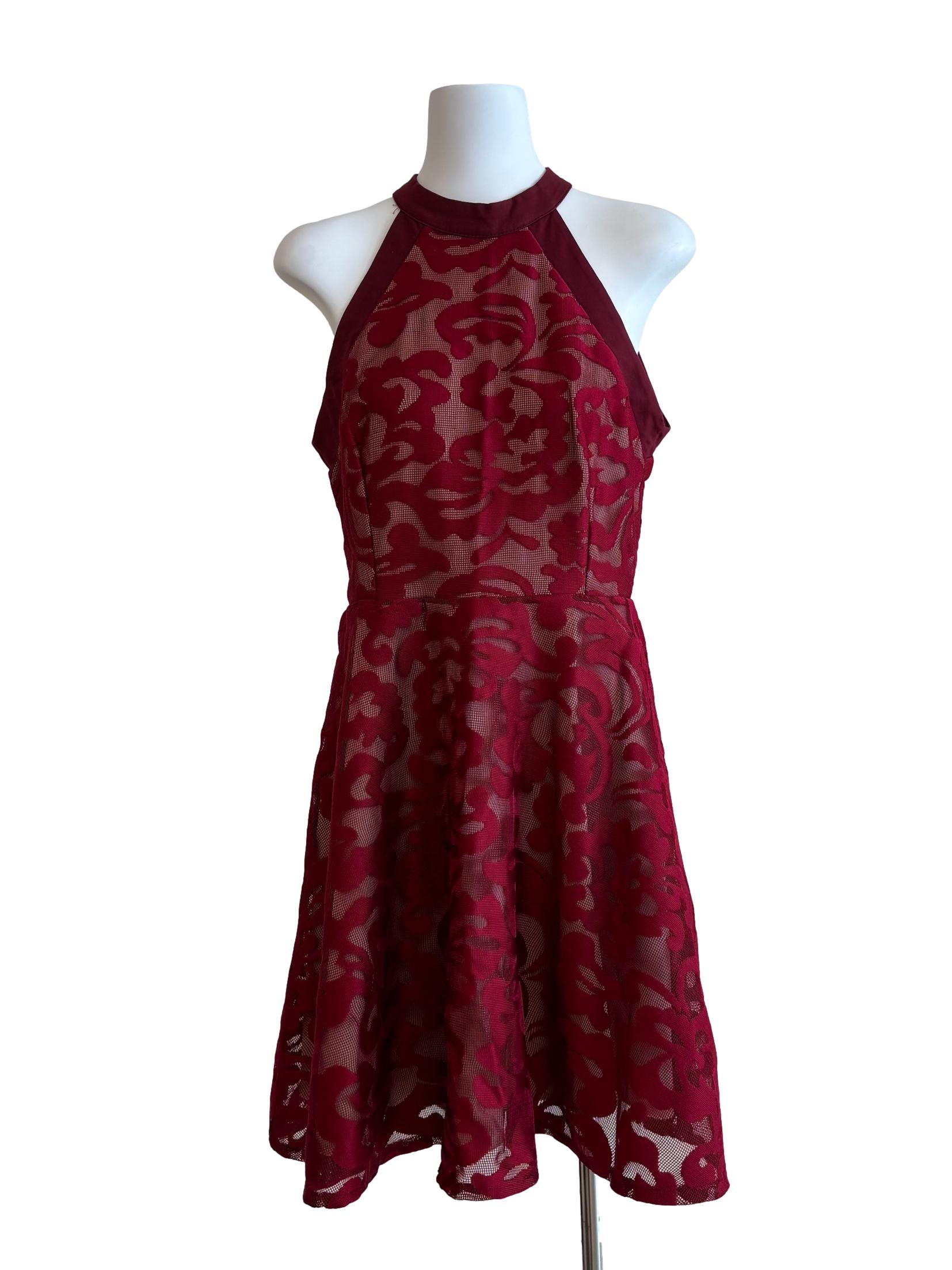 Maroon Apron Neck Lace Dress