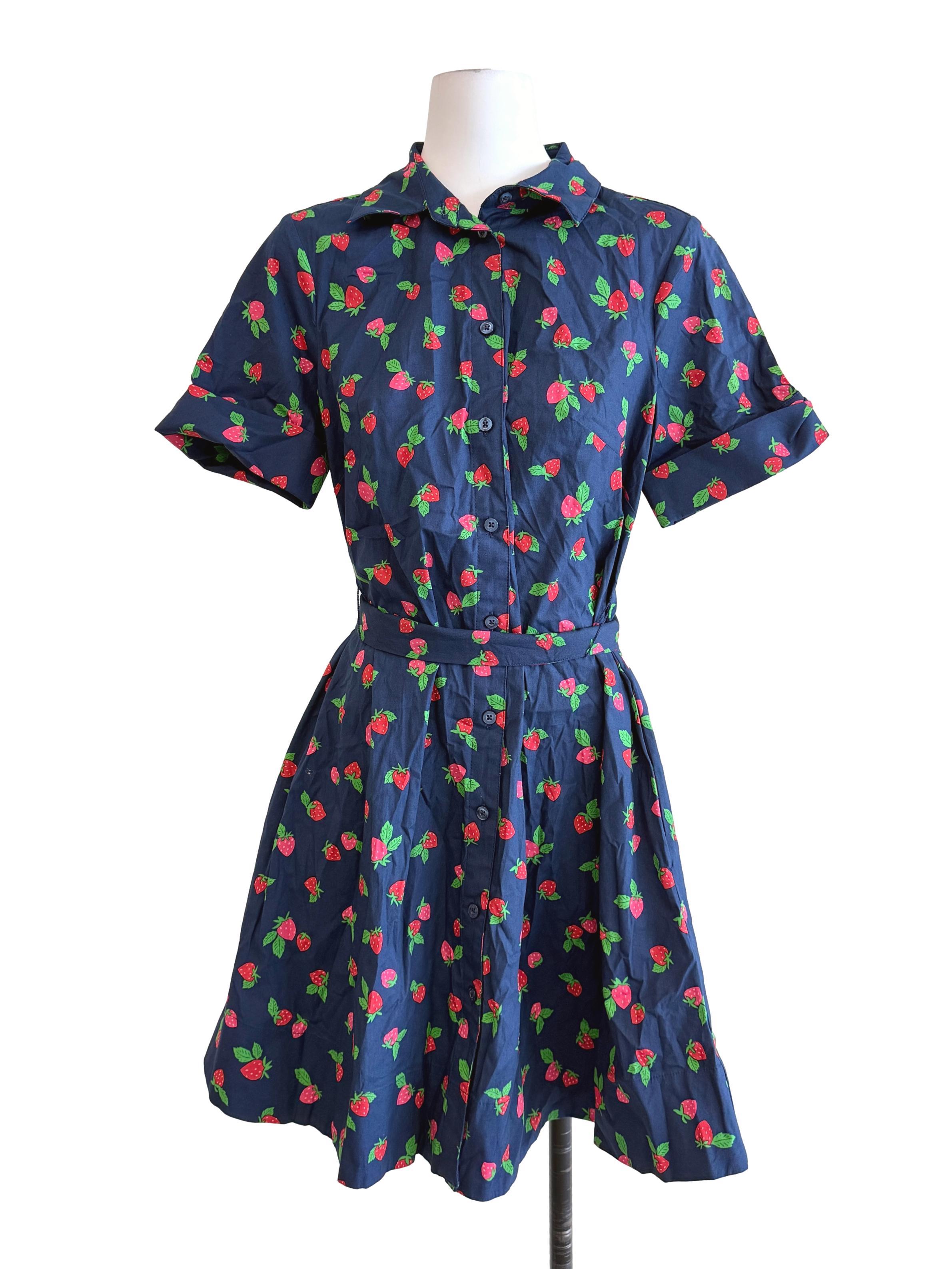 Navy Blue Strawberry Printed Shirt Dress
