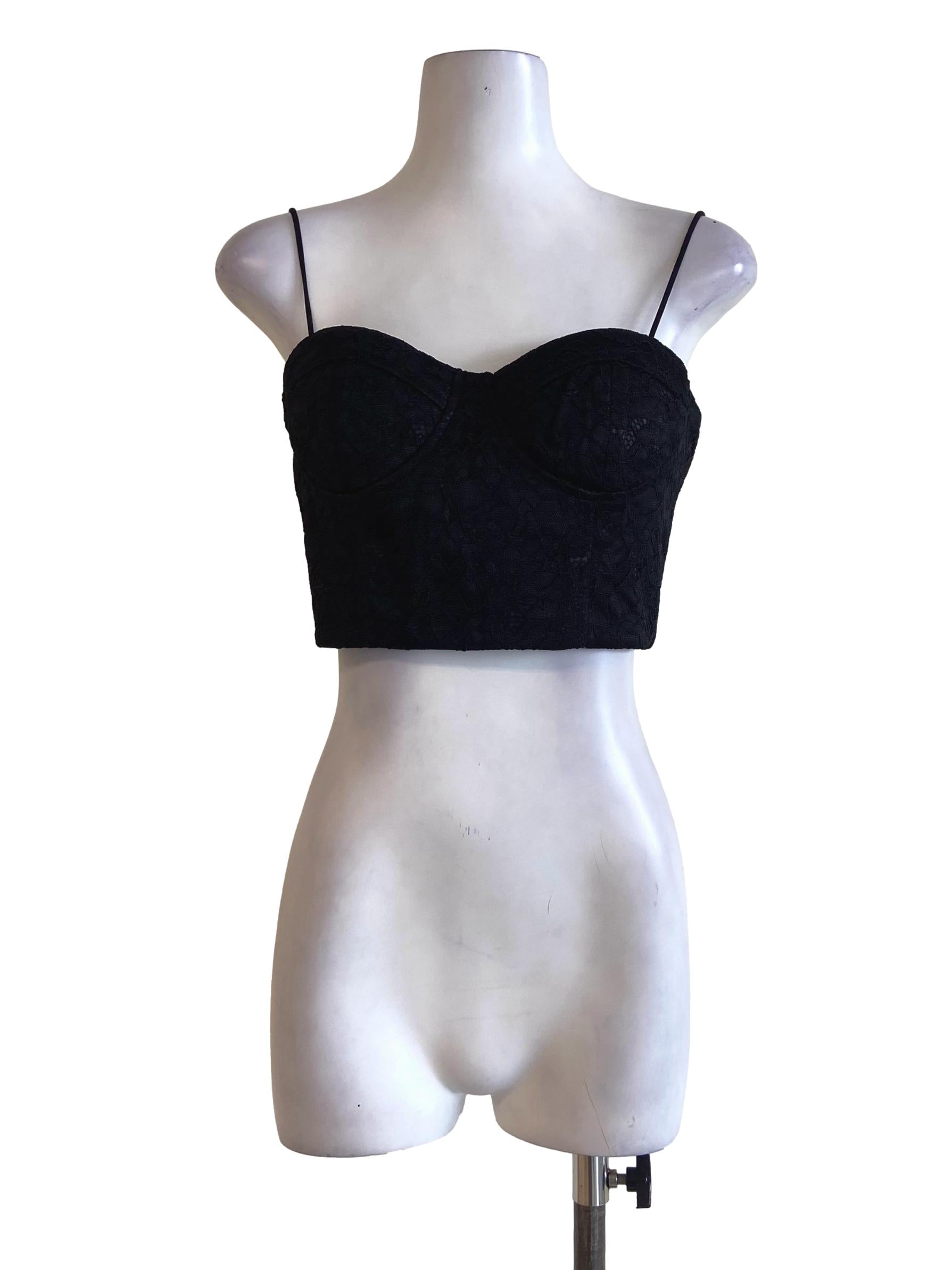 Black Spaghetti Strap Floral Lace Crop Top