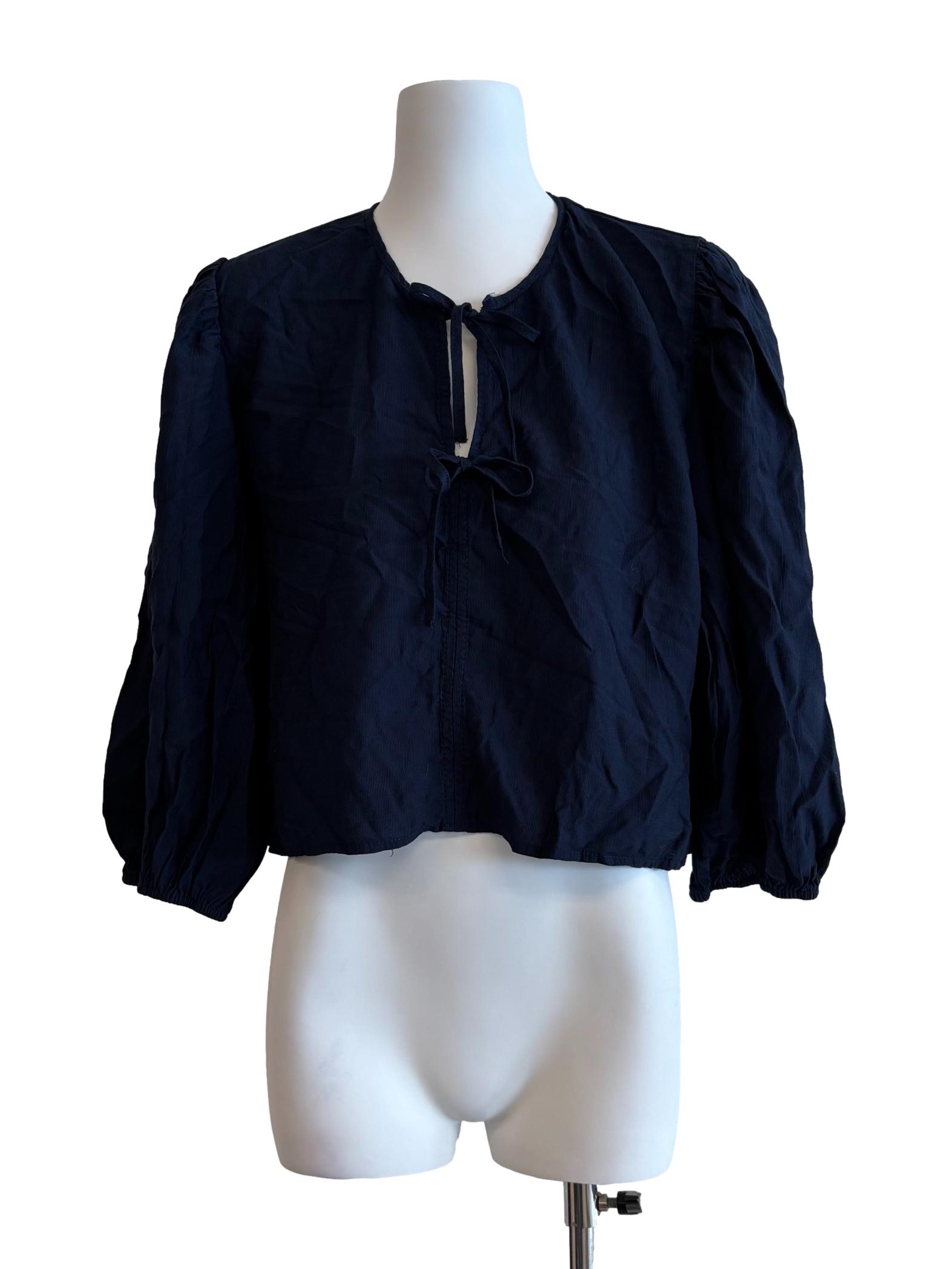 Navy Blue Long Sleeve Cotton Ribbon Top