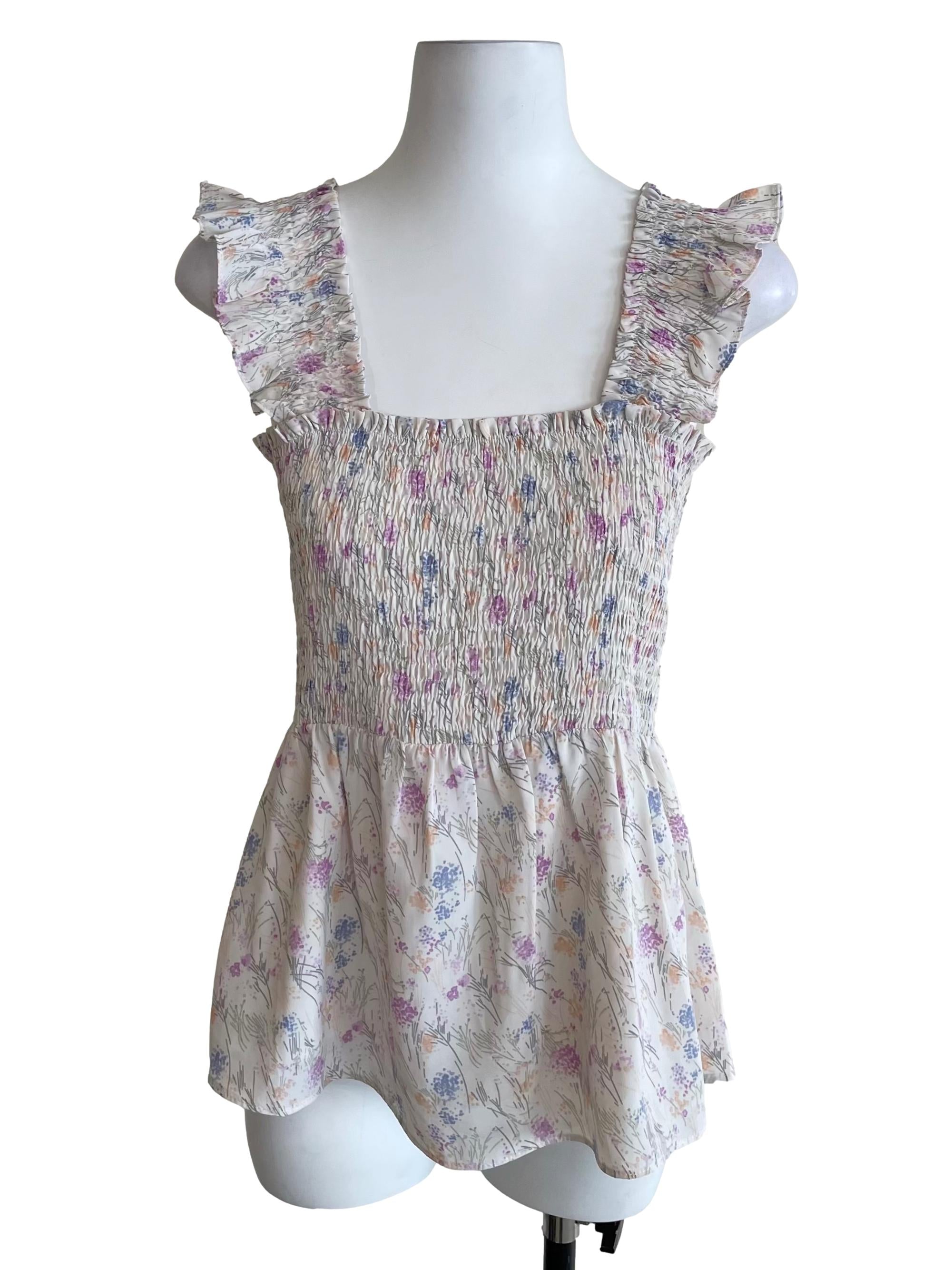 Rice White Floral Shirred Peplum Top