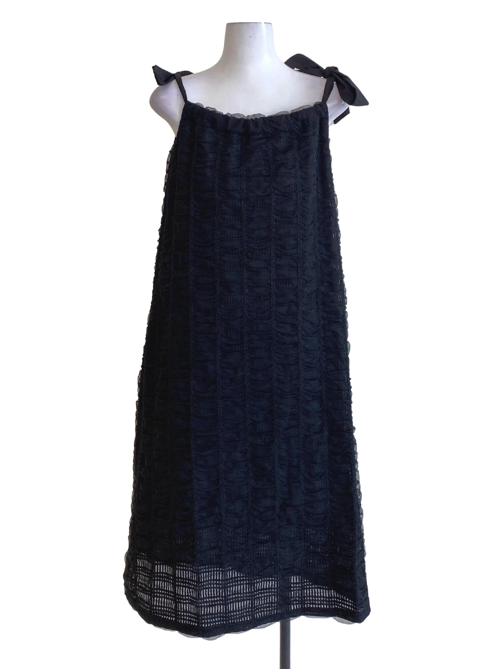 Jet Black Floral Mesh Tie Strap Trapezoid Dress