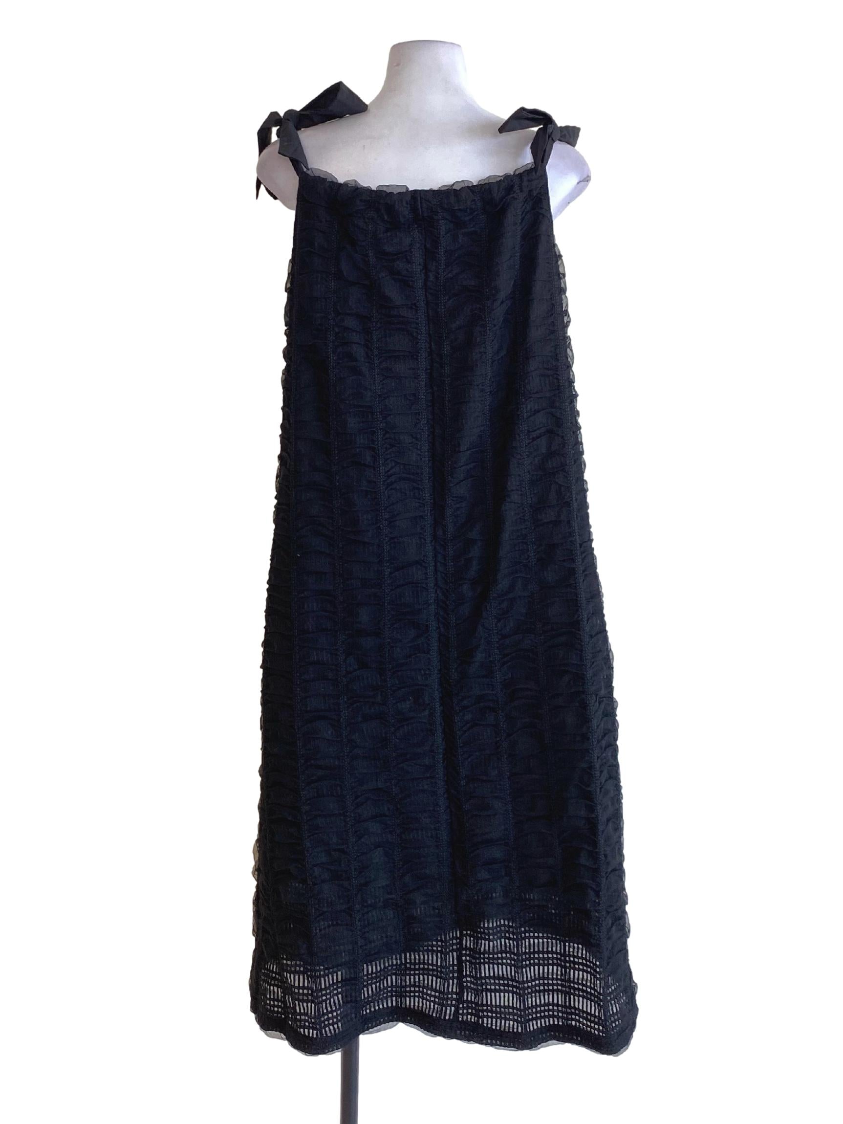 Jet Black Floral Mesh Tie Strap Trapezoid Dress