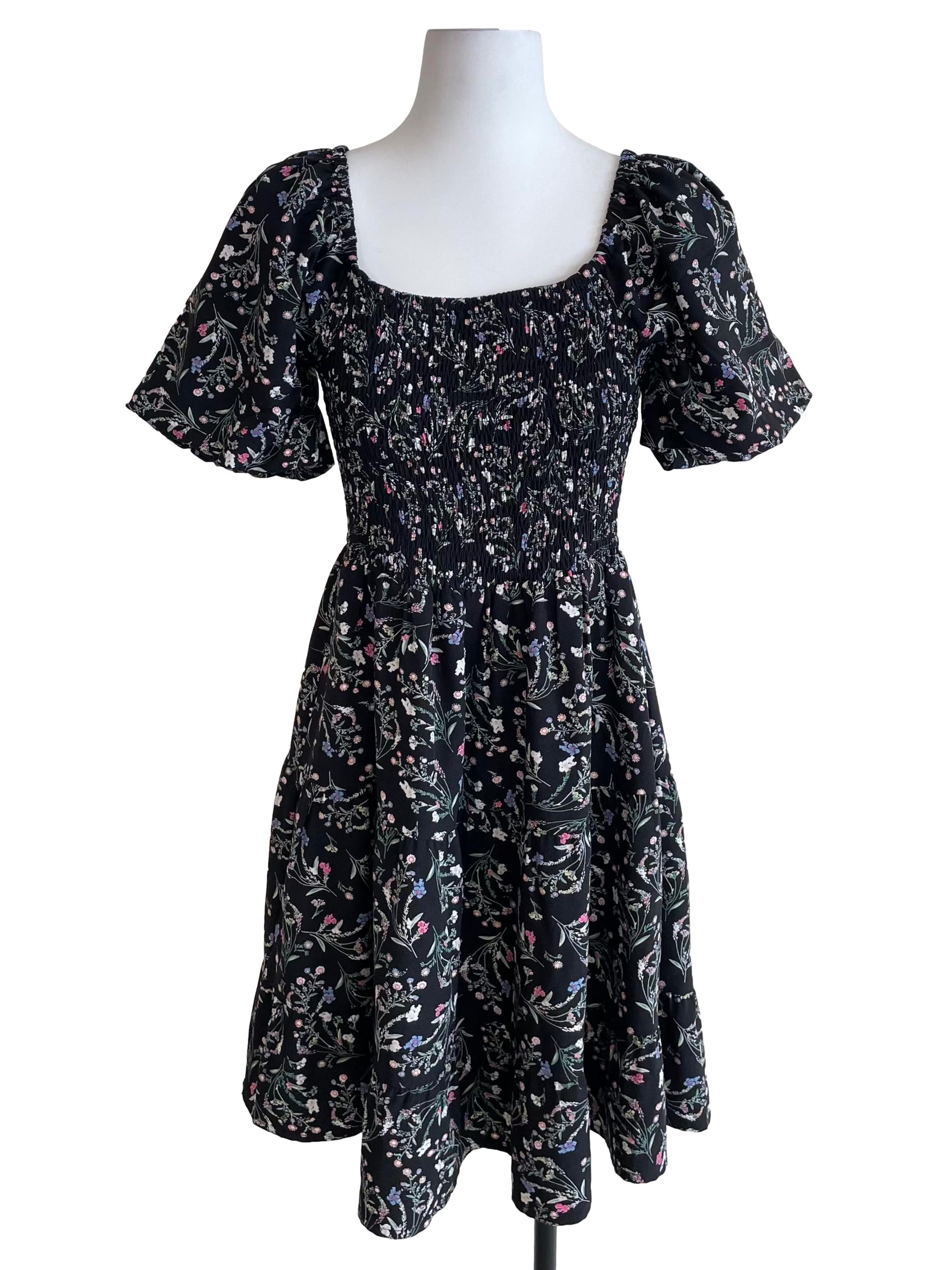 Black Floral Shirred Sundress