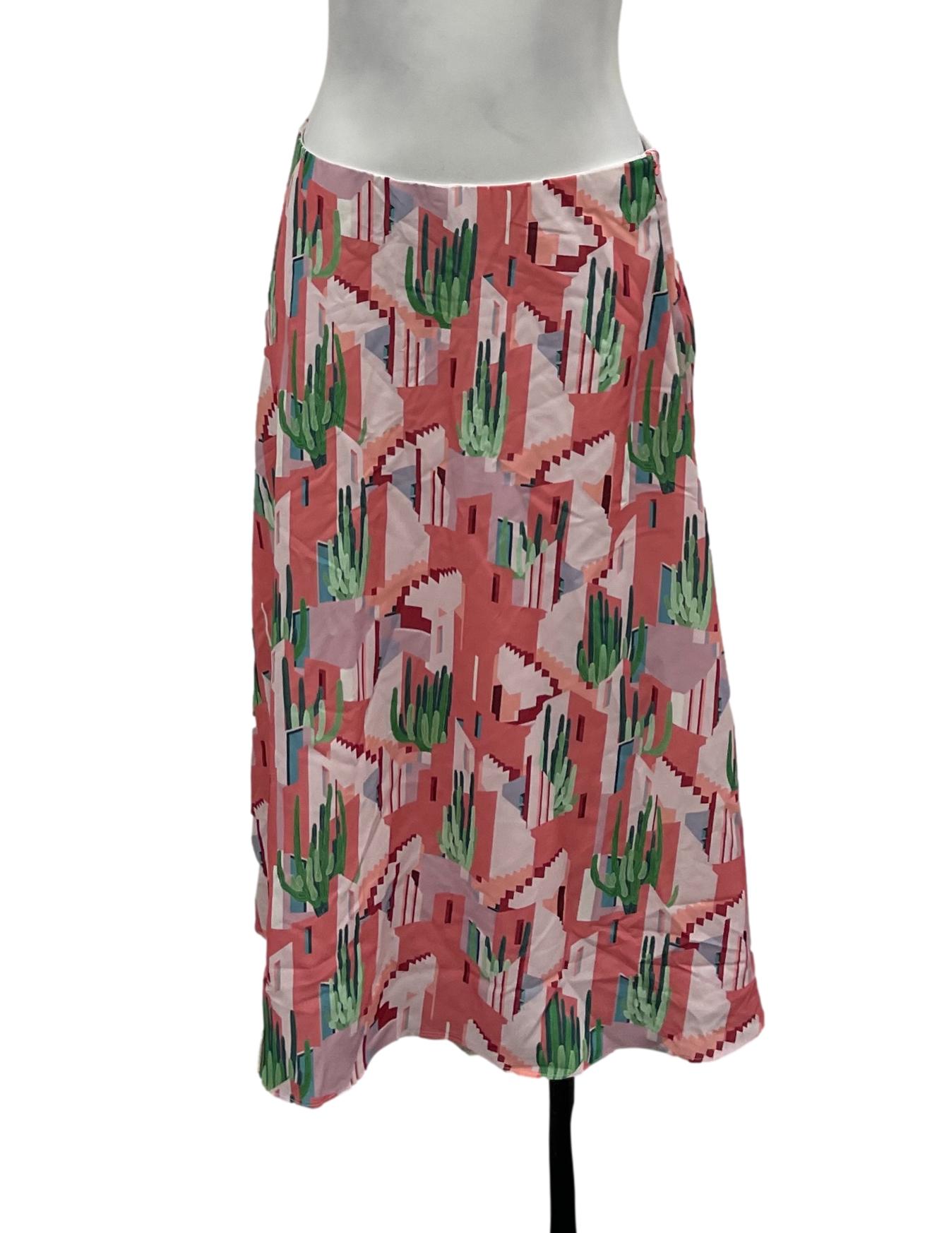 Pink Green And White Patterned Midi Skirt