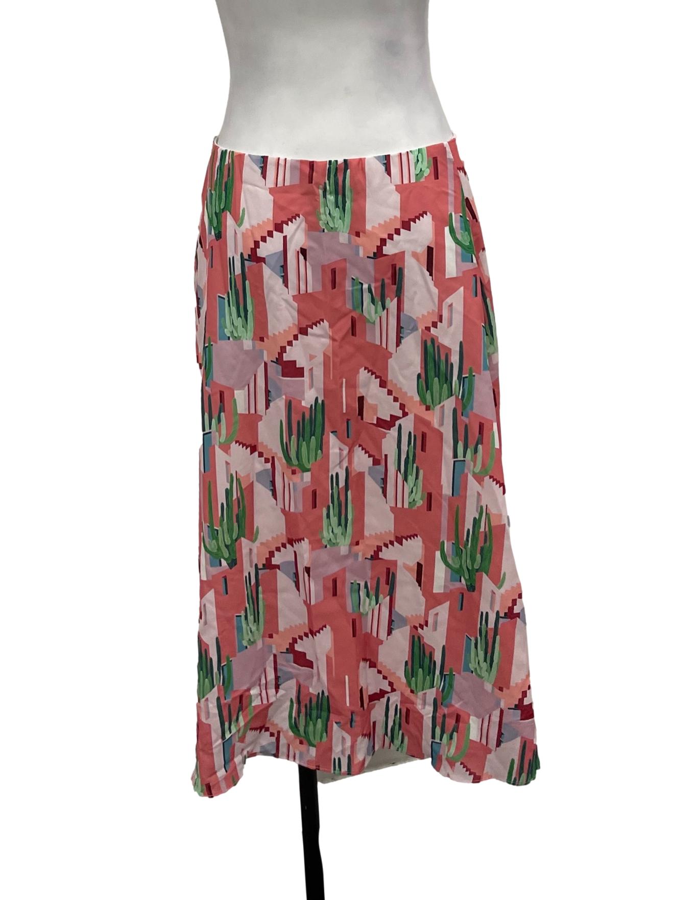 Pink Green And White Patterned Midi Skirt