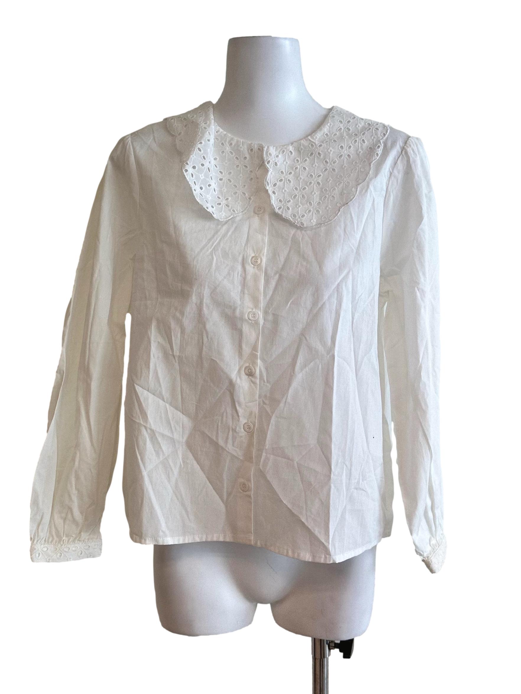 Off White Embroidery Collar Long Sleeve Top LB