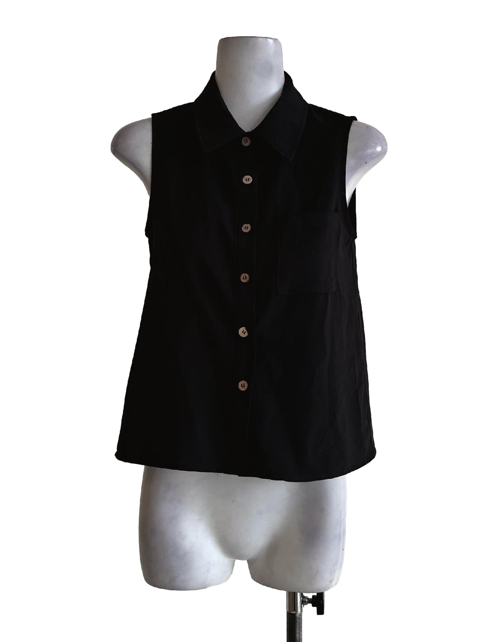 Black Collar Button Sleeveless Top