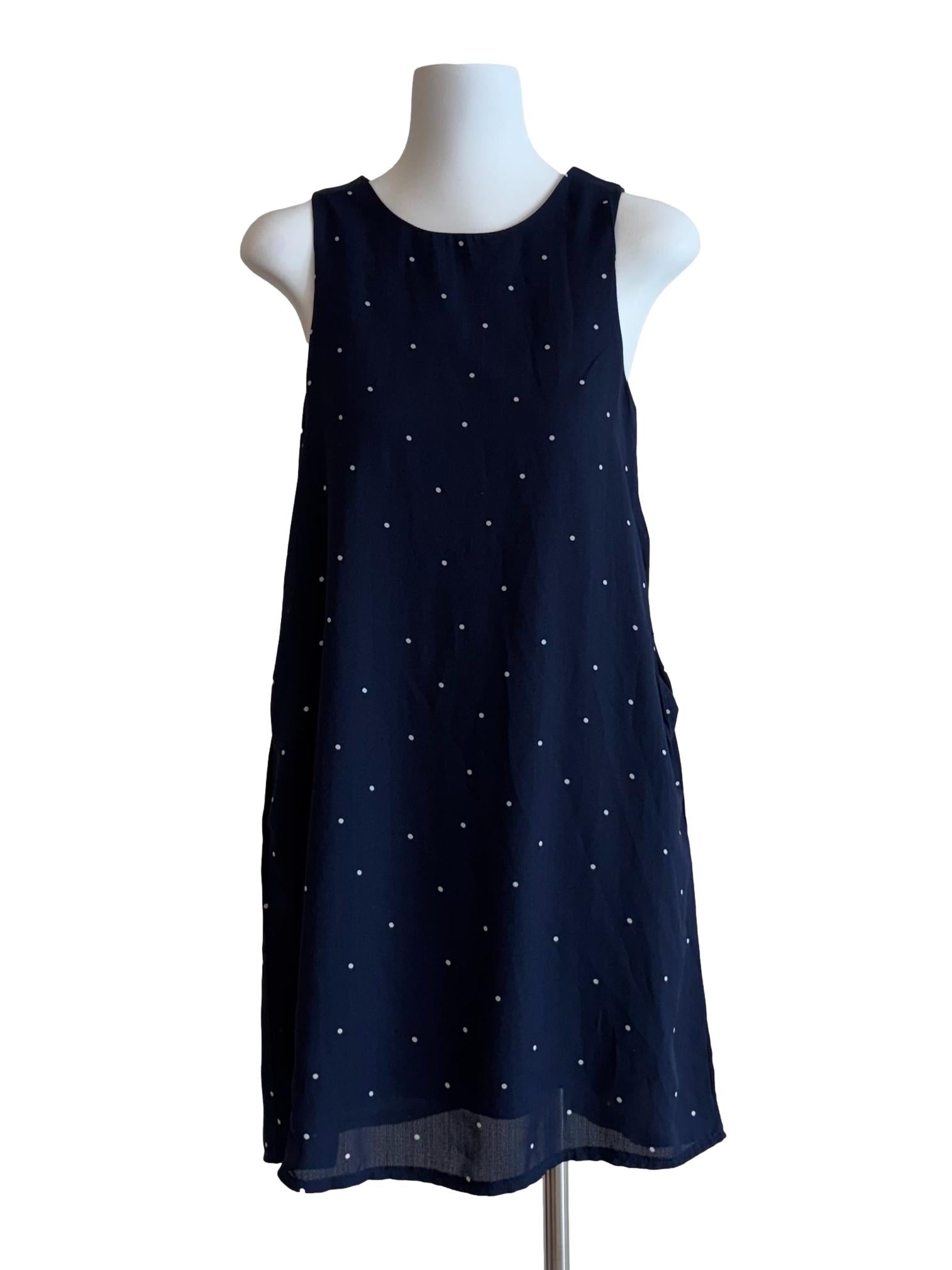 Navy Blue Sleeveless Polka Dot Dress