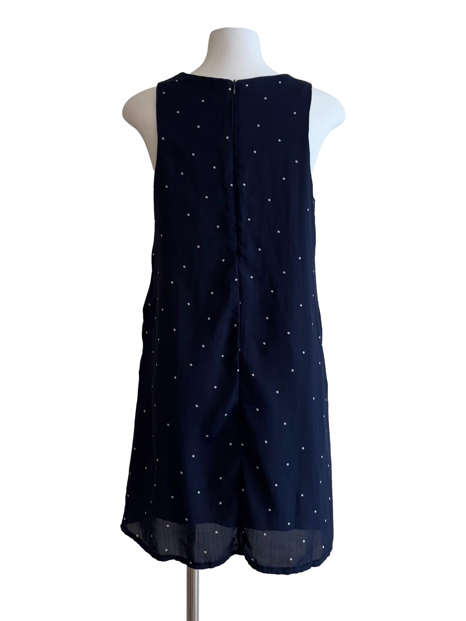 Navy Blue Sleeveless Polka Dot Dress