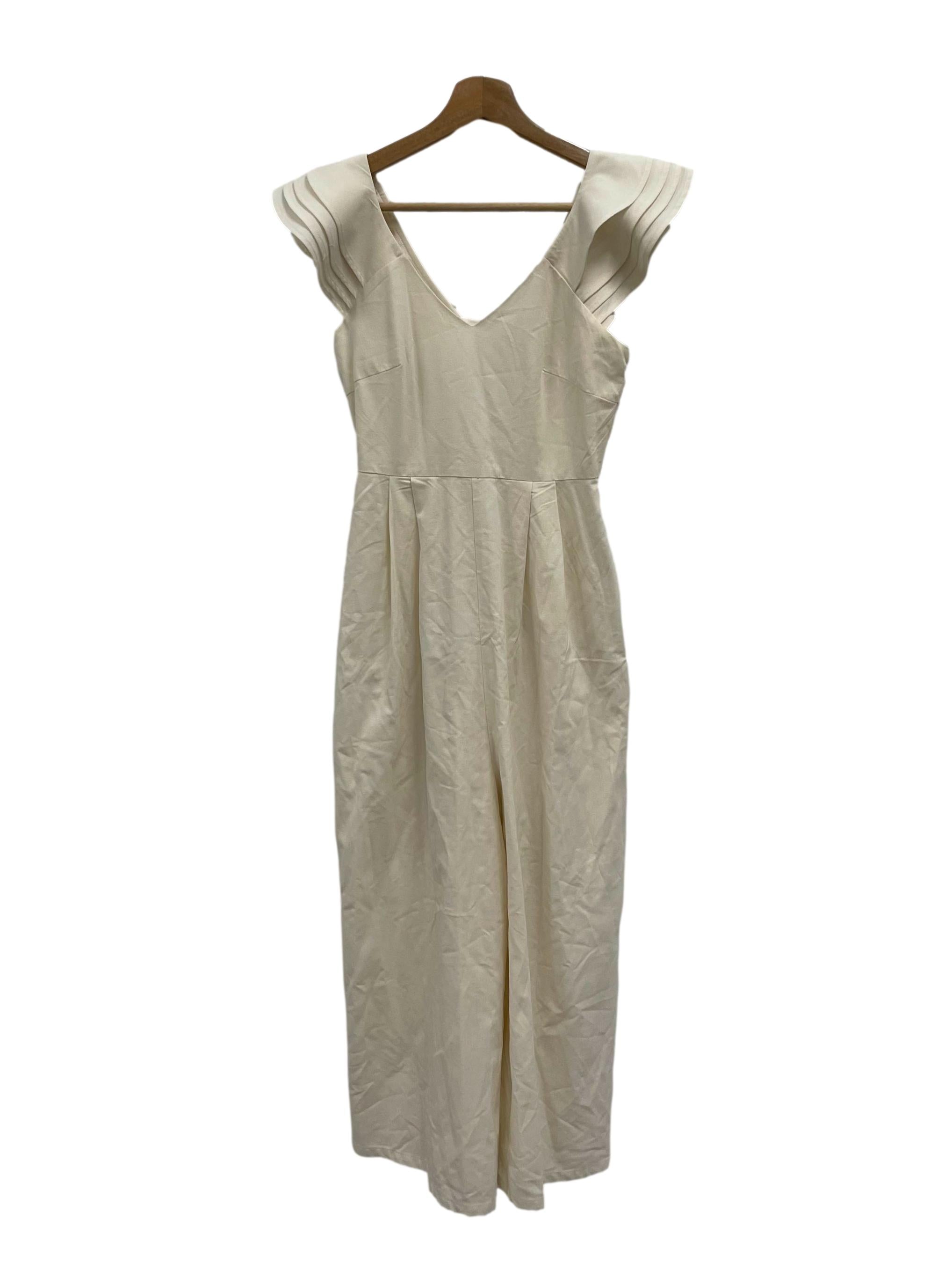 Beige V-Neck Pleated Sleeve Jumpsuit