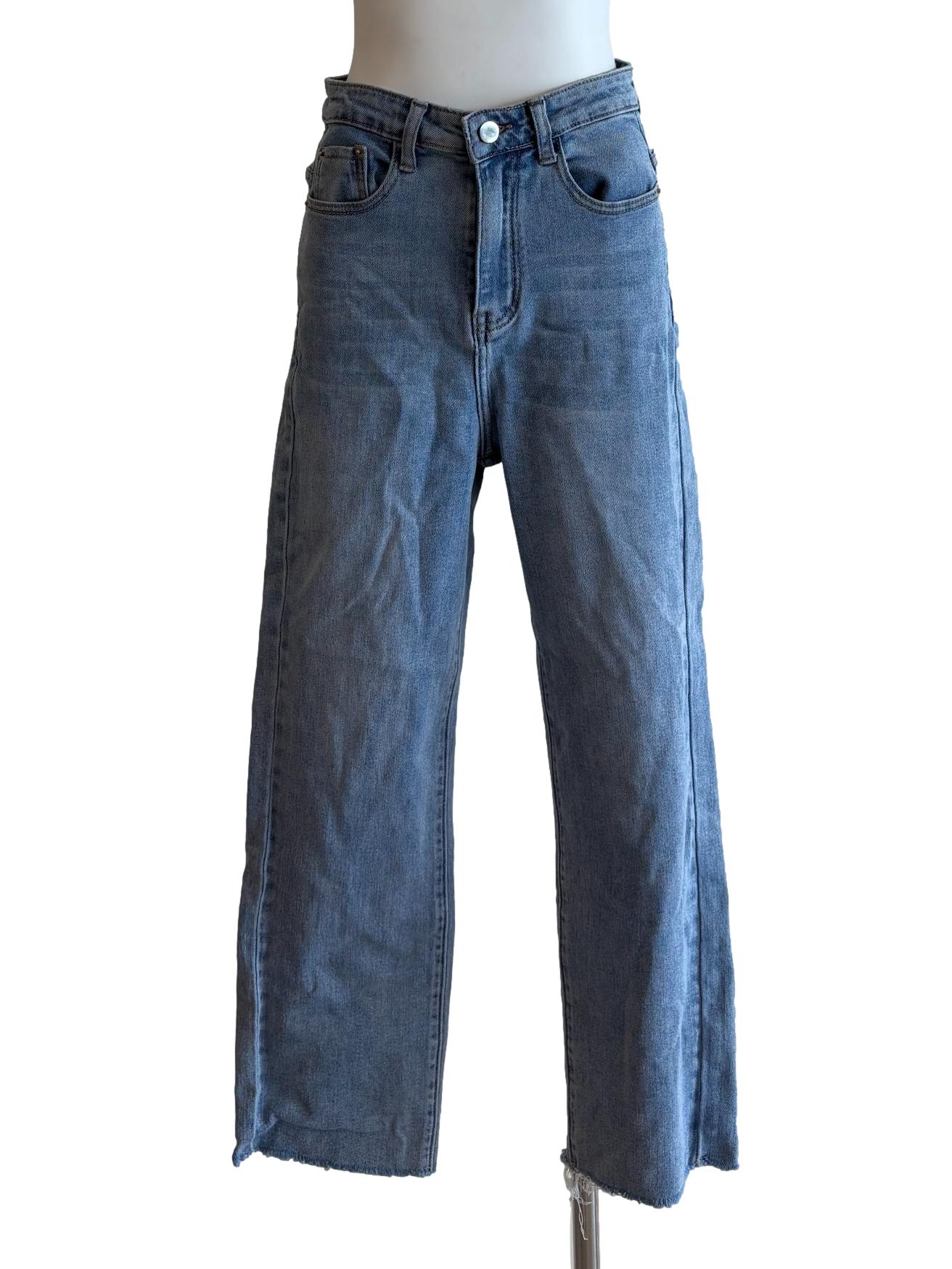 Light Blue Straight Cut Frayed Hem Jeans