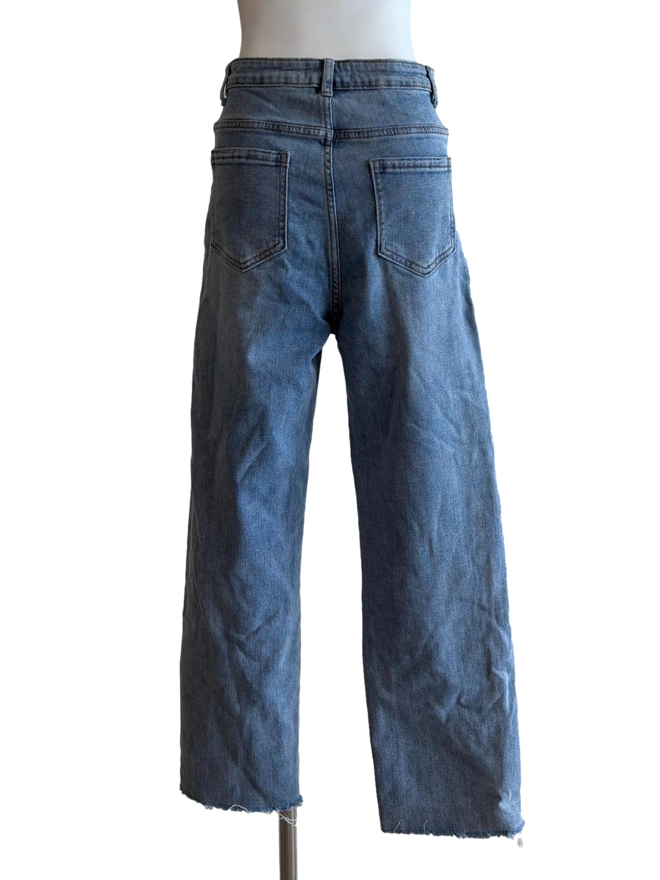 Light Blue Straight Cut Frayed Hem Jeans