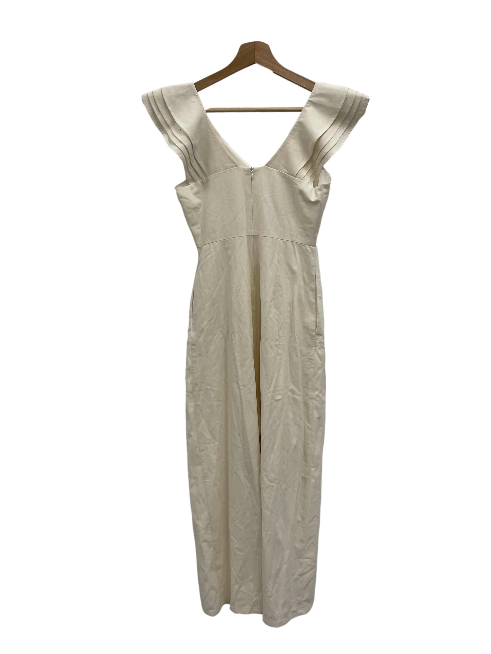 Beige V-Neck Pleated Sleeve Jumpsuit