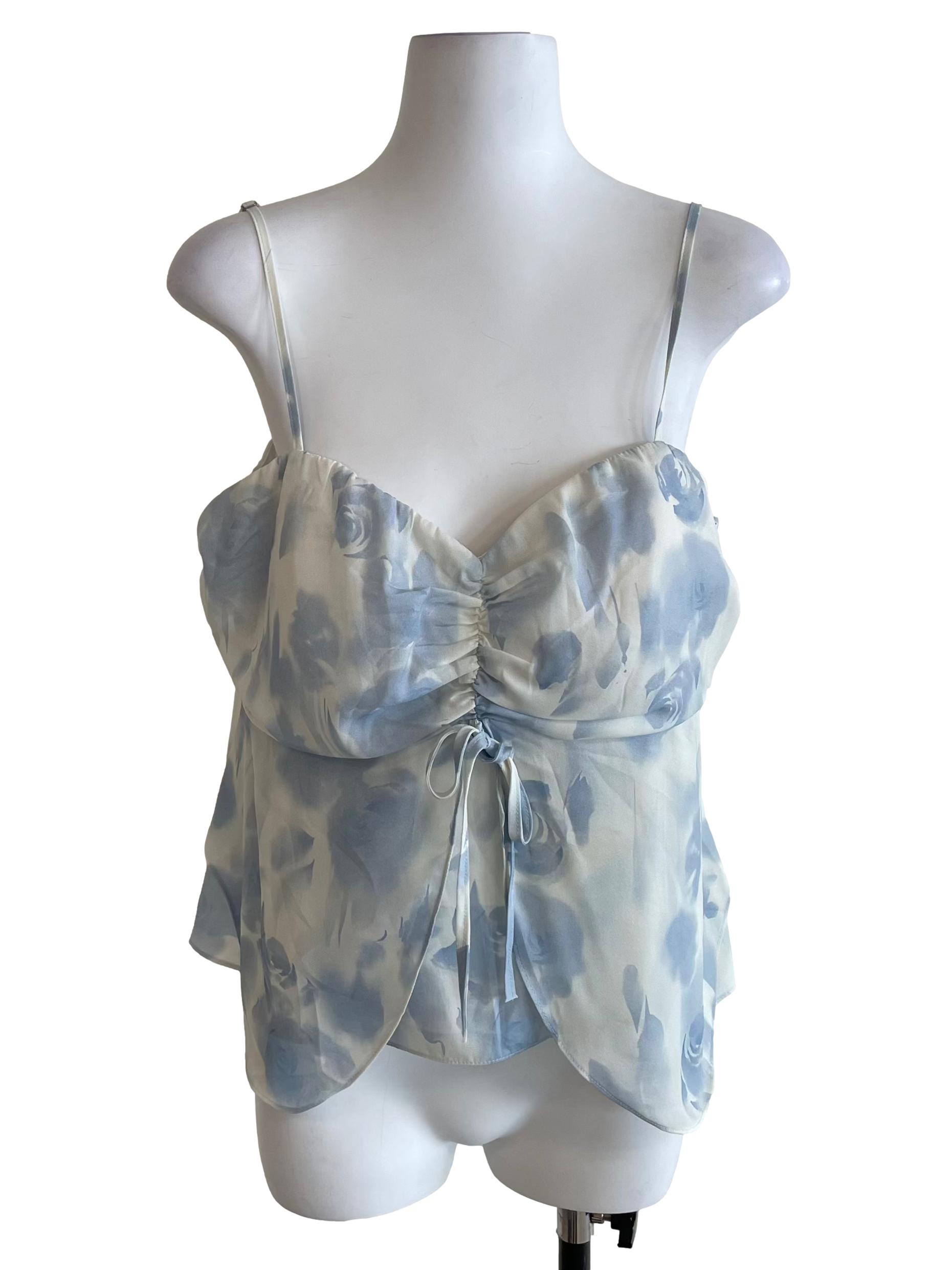 Powder White & Blue Ruched Overlay Camisole