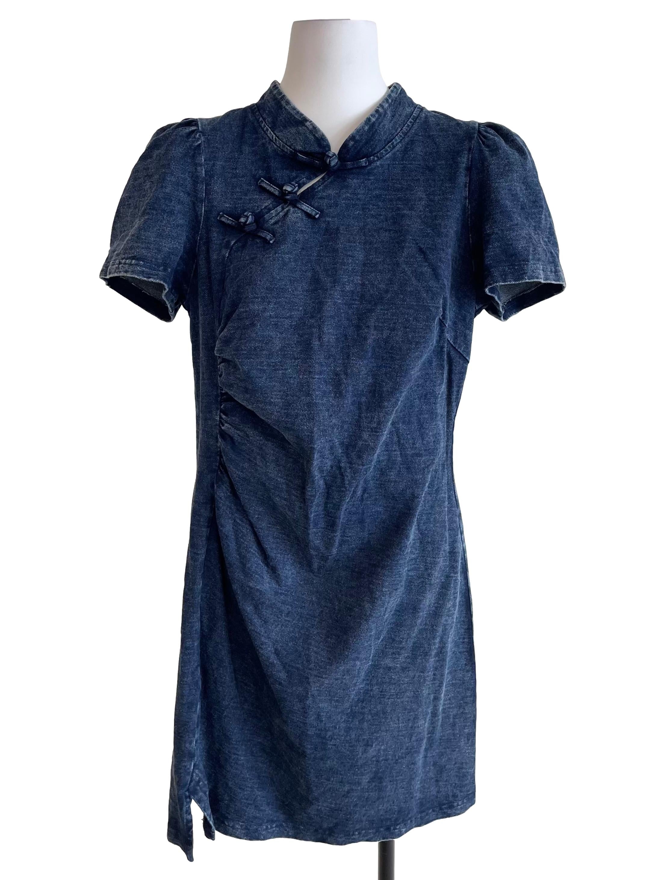 Navy Thin Denim Cheongsam Dress