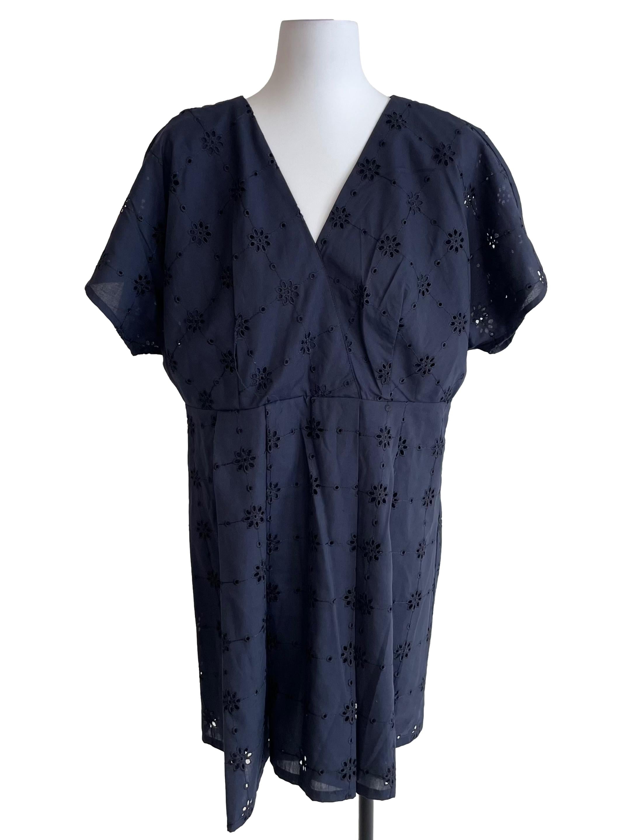 Navy Eyelets Pleated Dress