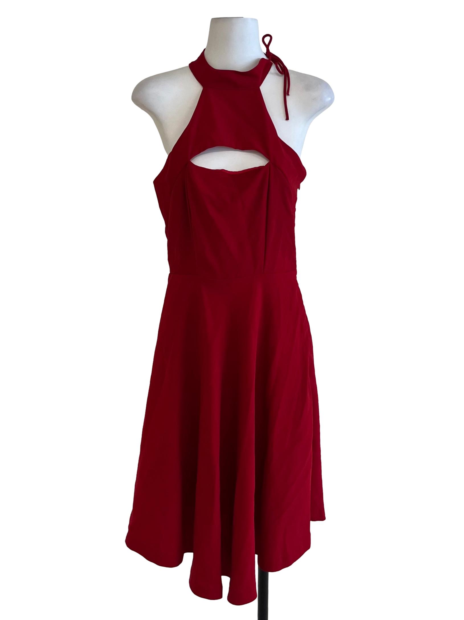 Wine Red Halter Neckline A-Line Dress