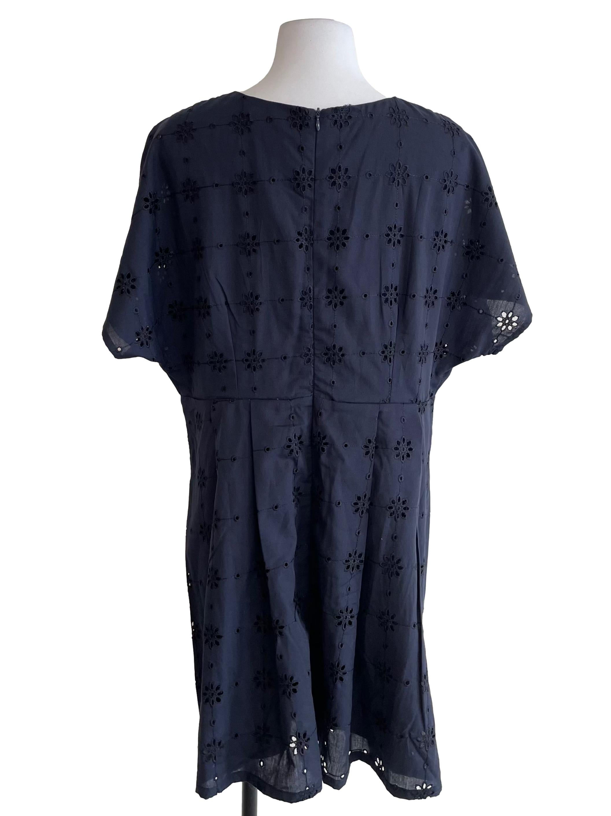 Navy Eyelets Pleated Dress