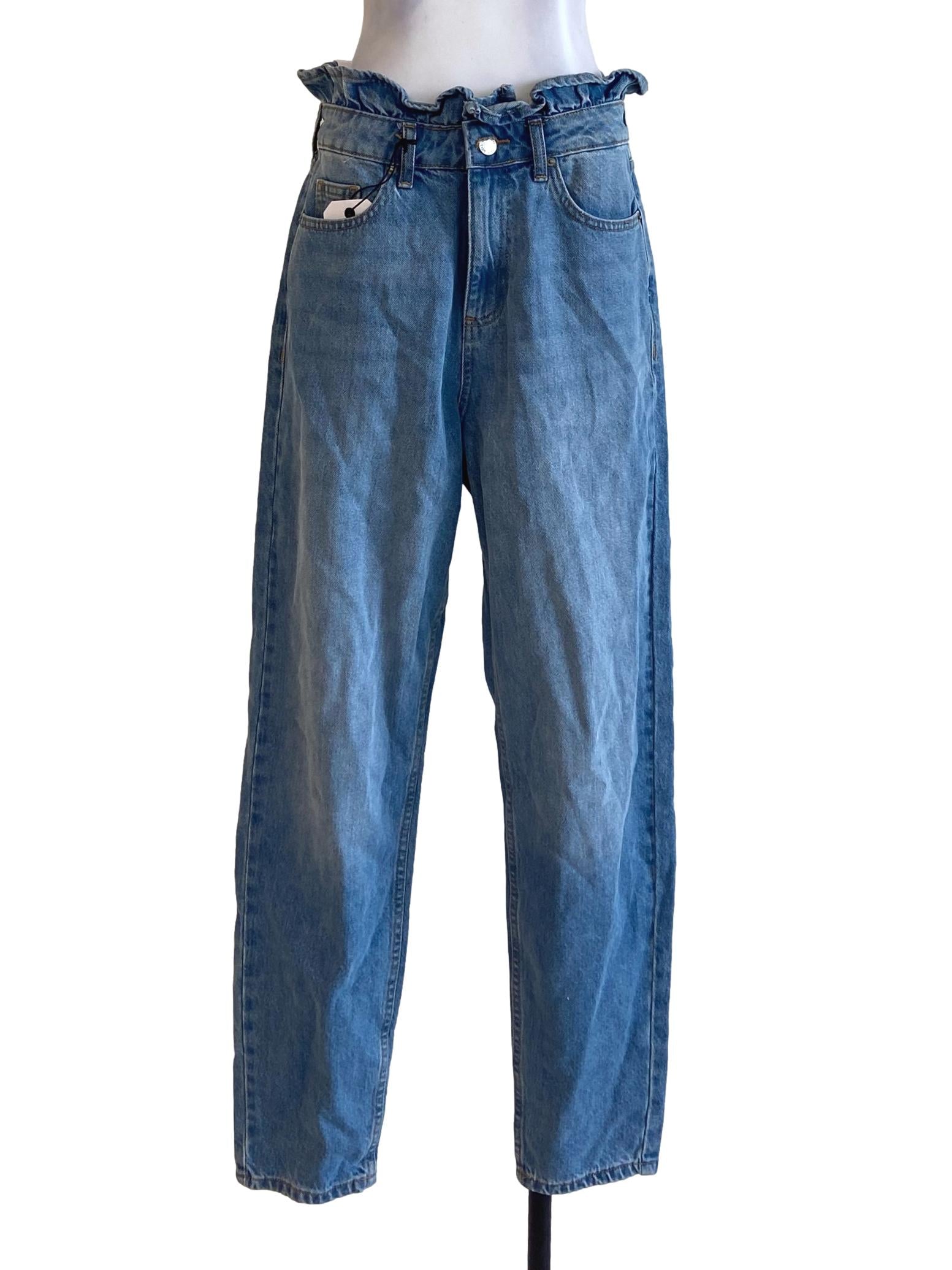 Blue Twill Ruffle Waist Jeans Pants