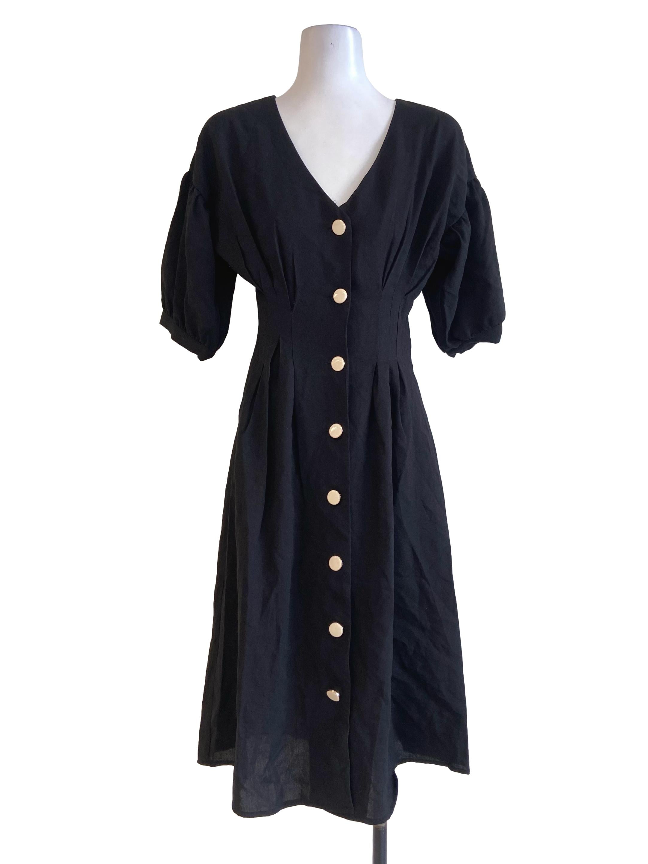 Black Pegged Waist Button Down Dress