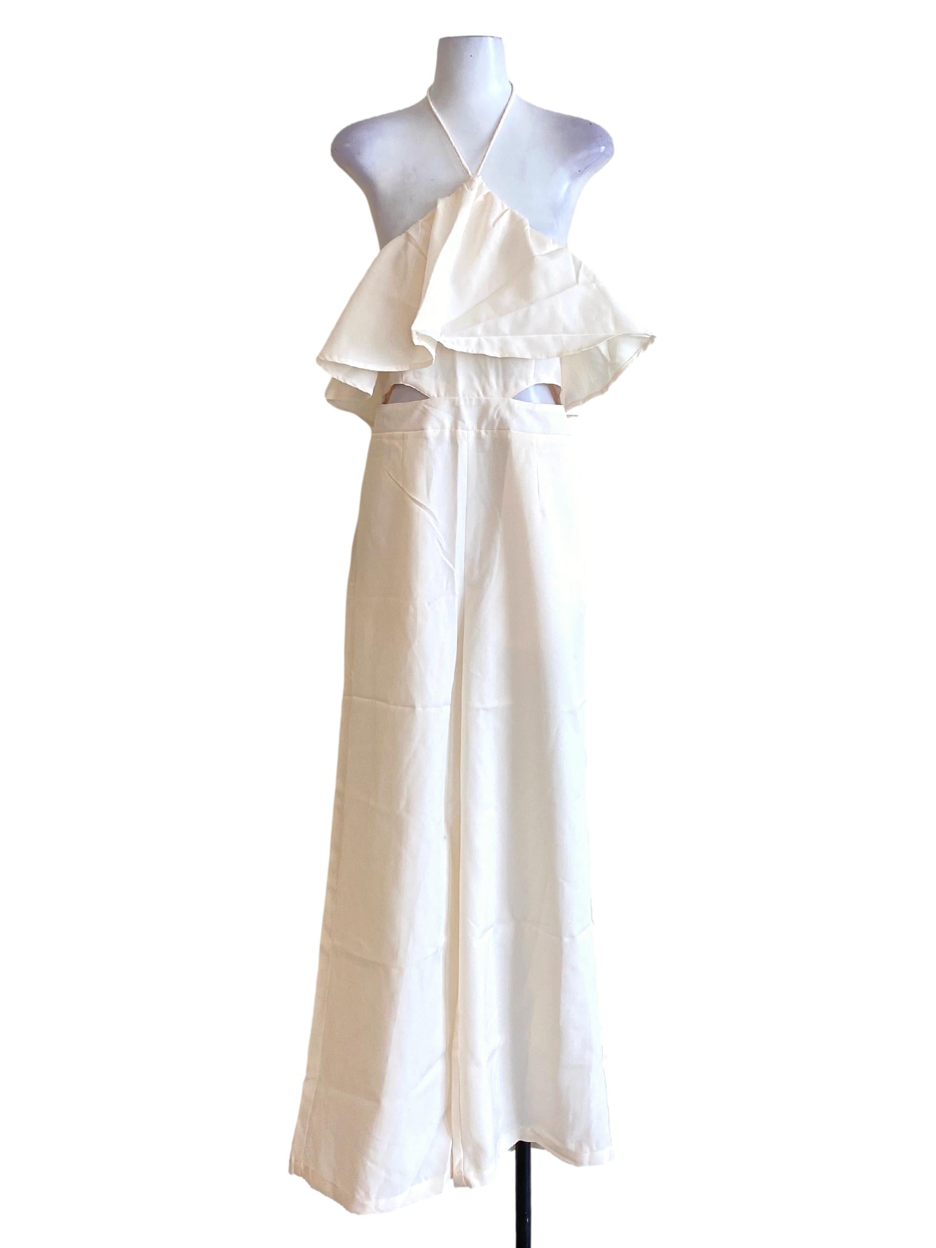 Alabaster White Halter Cape Bust Jumpsuit