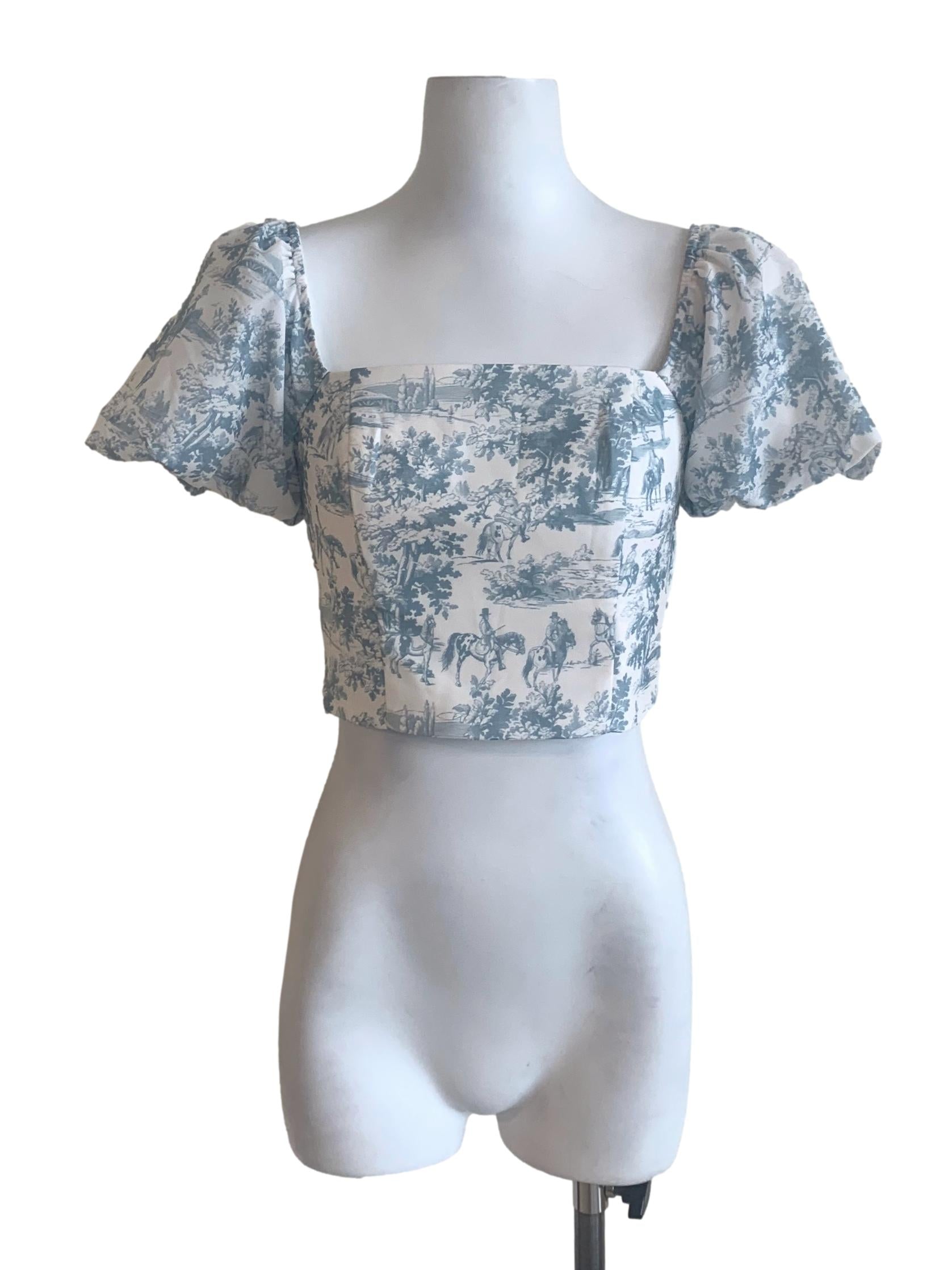 White Blue Pattern Smocked Top