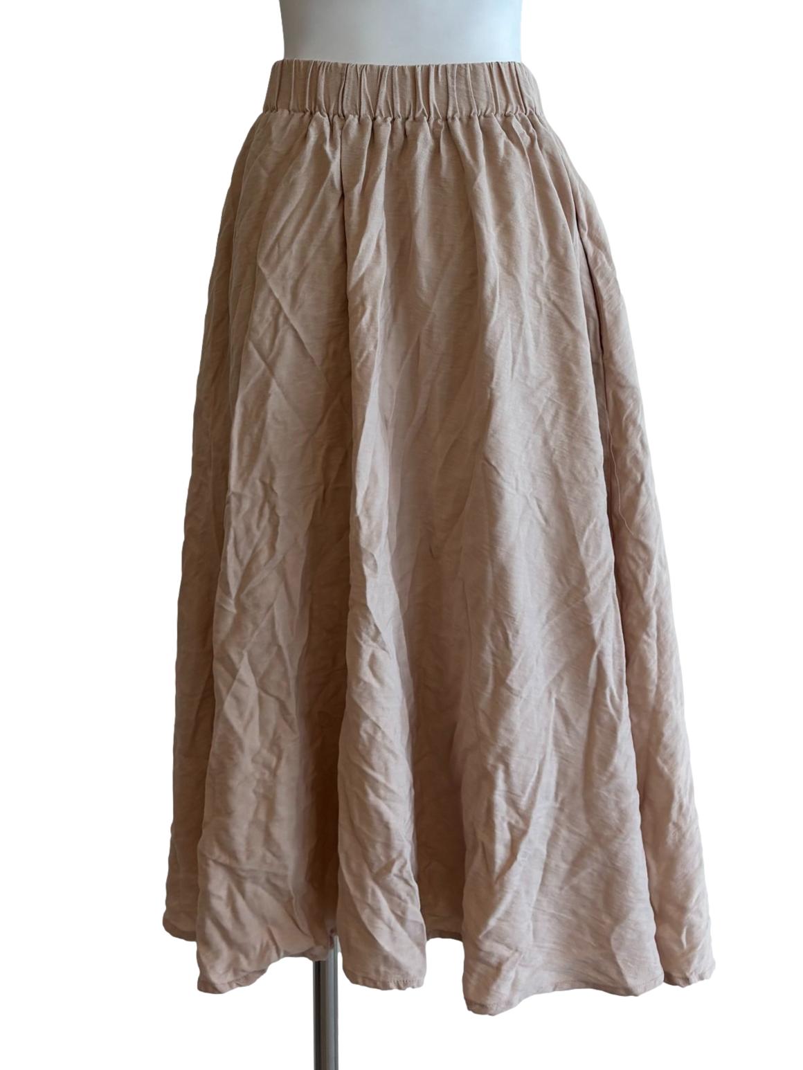 Beige Linen A-Line Midi Skirt