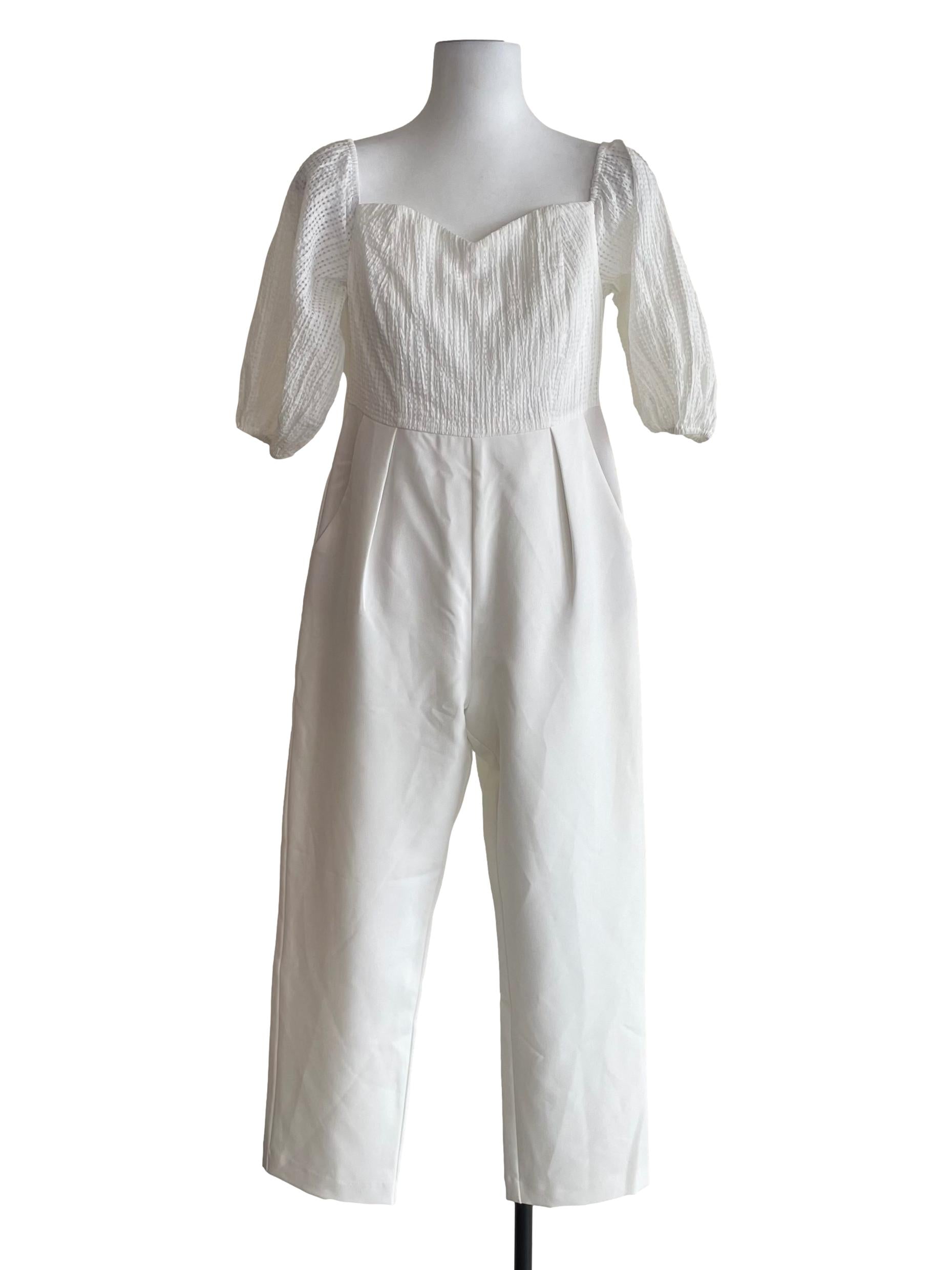 White Puff Sleeves Pleated Jumpsuit LB