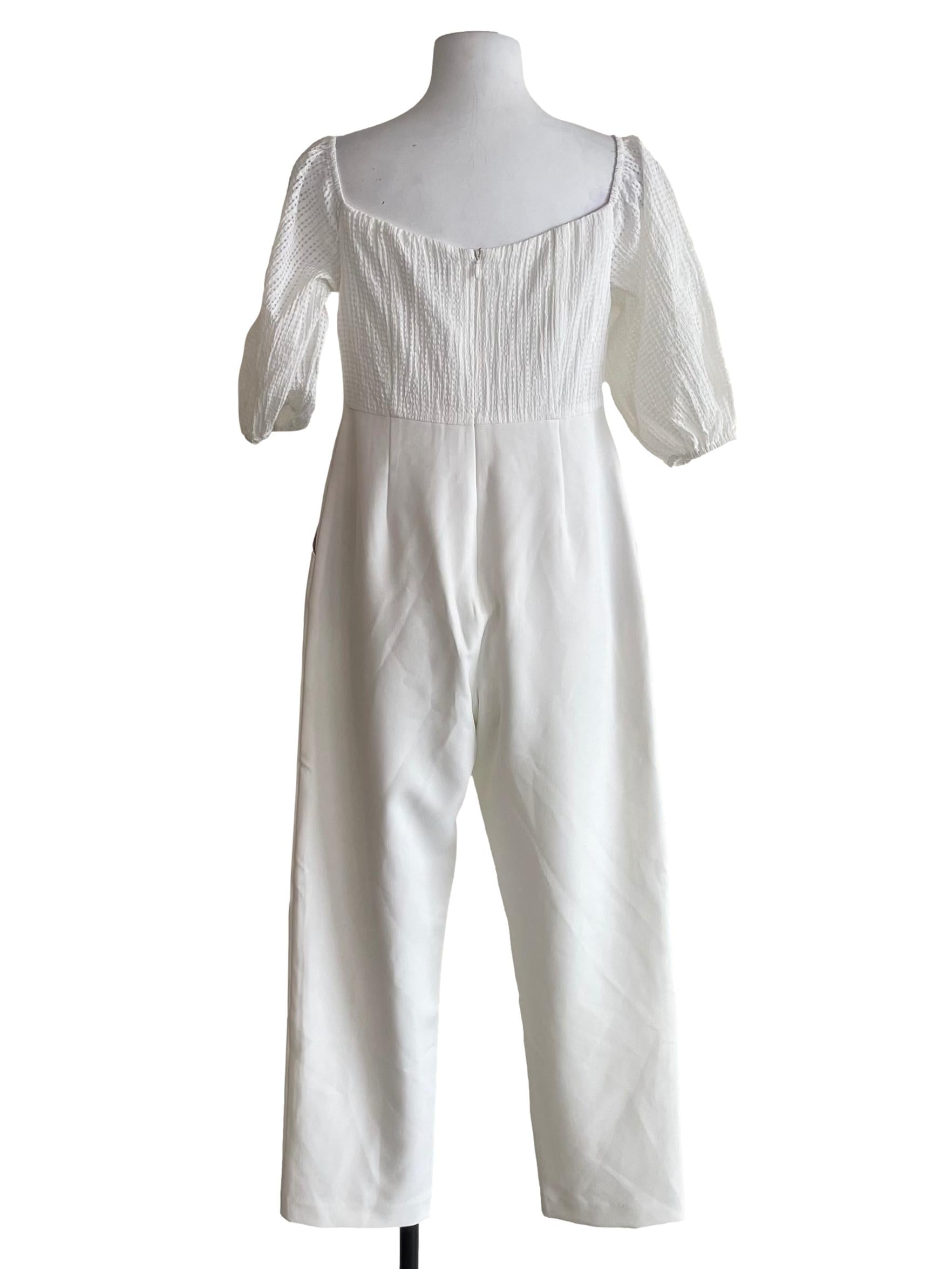 White Puff Sleeves Pleated Jumpsuit LB
