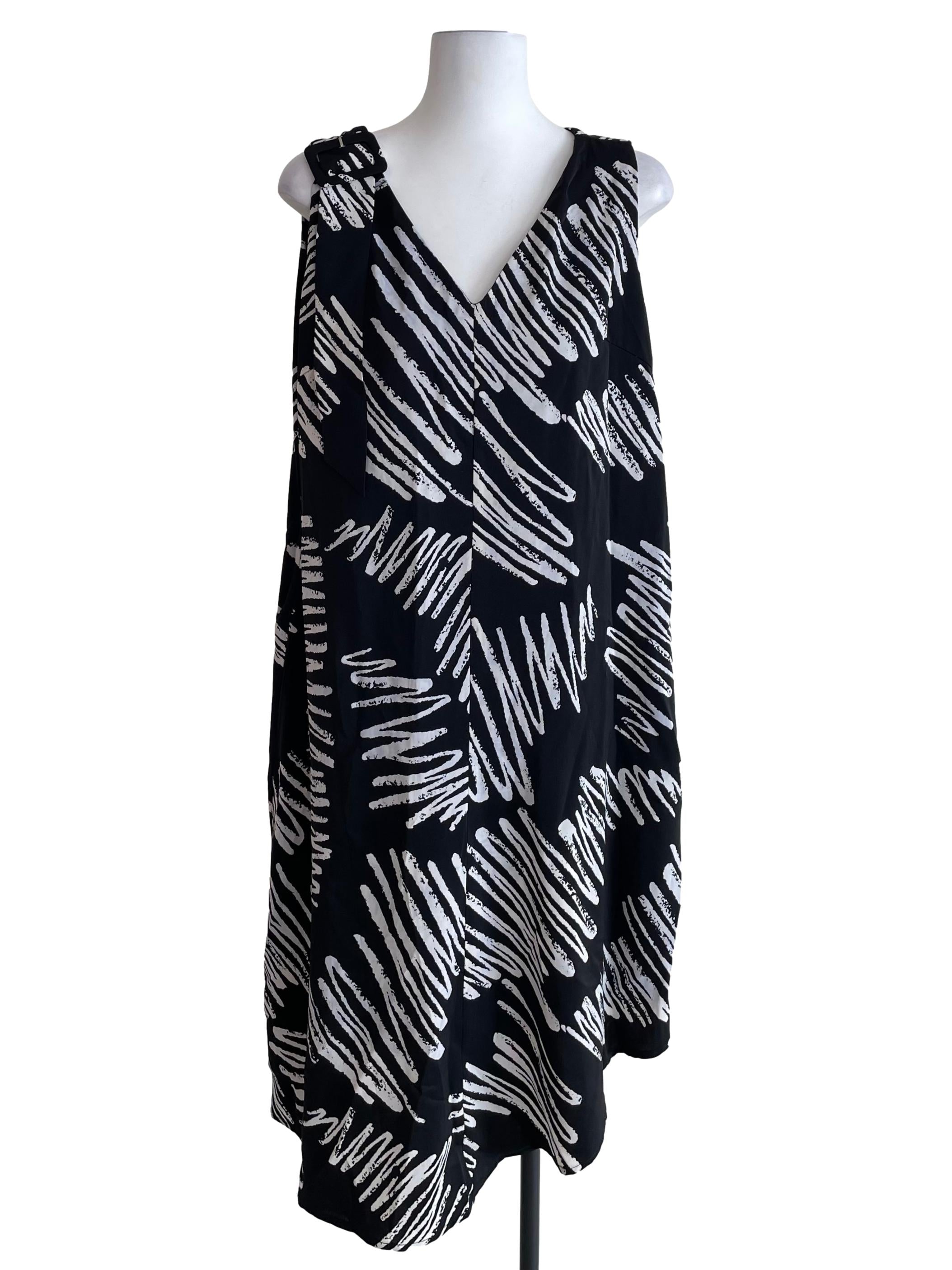 Black Scribbles Print Buckle Strap Dress
