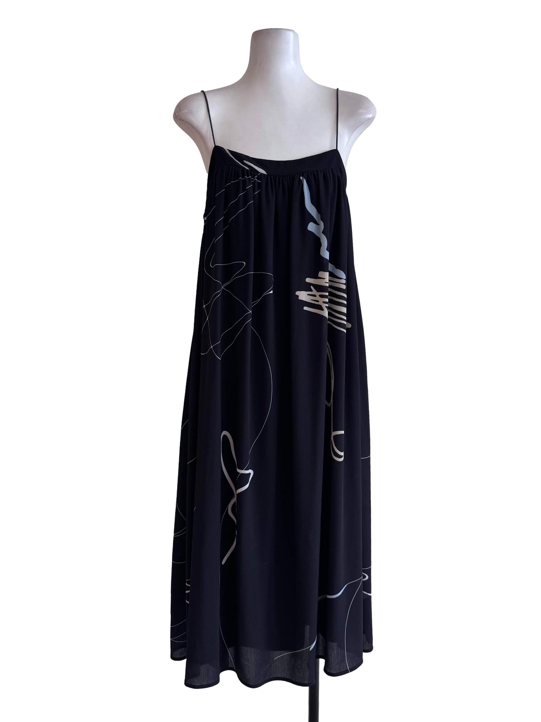 Black Abstract Spaghetti Strap A-Line Midi Dress