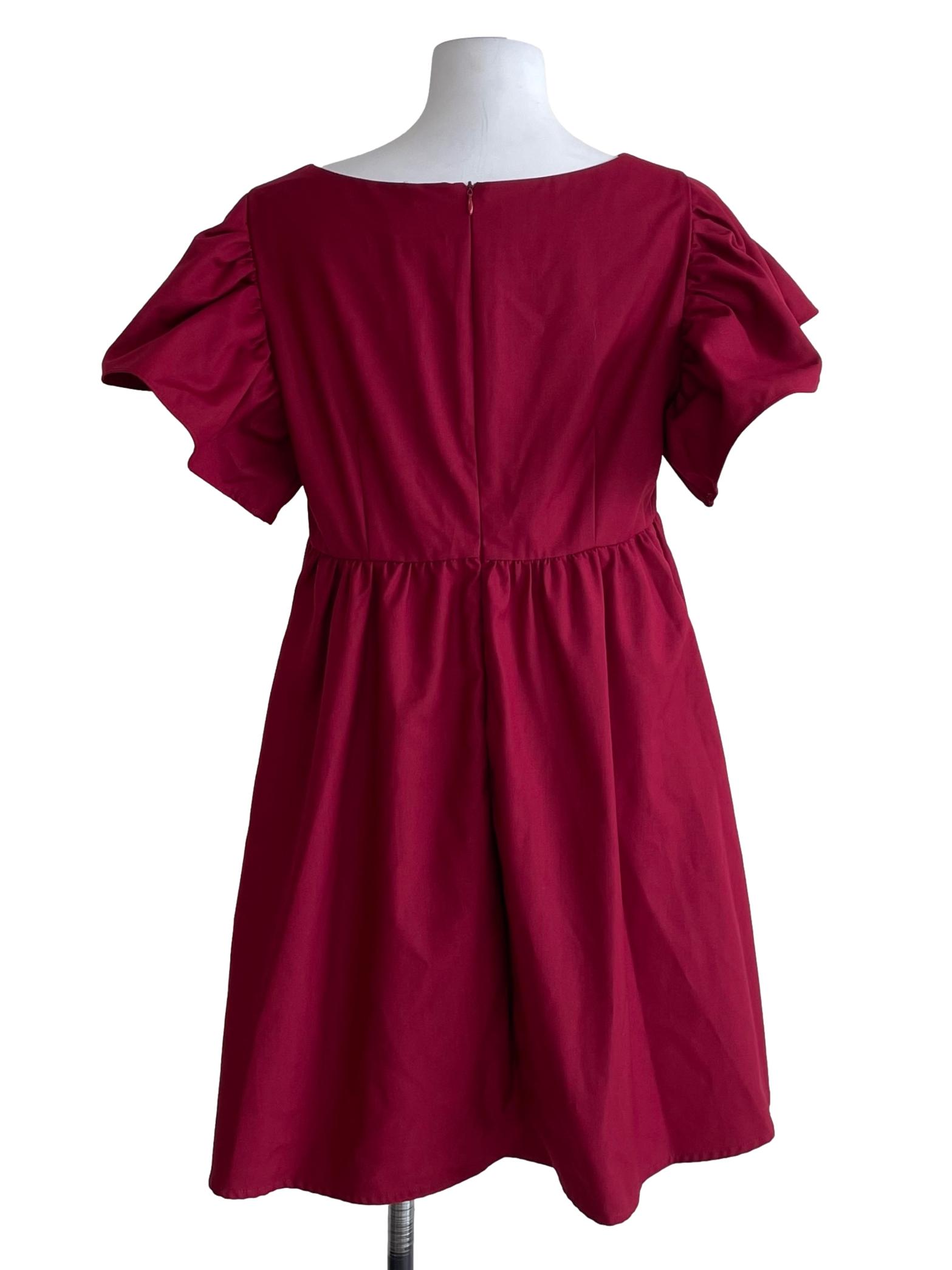 Ruby Red Butterfly Sleeves V Neck Dress