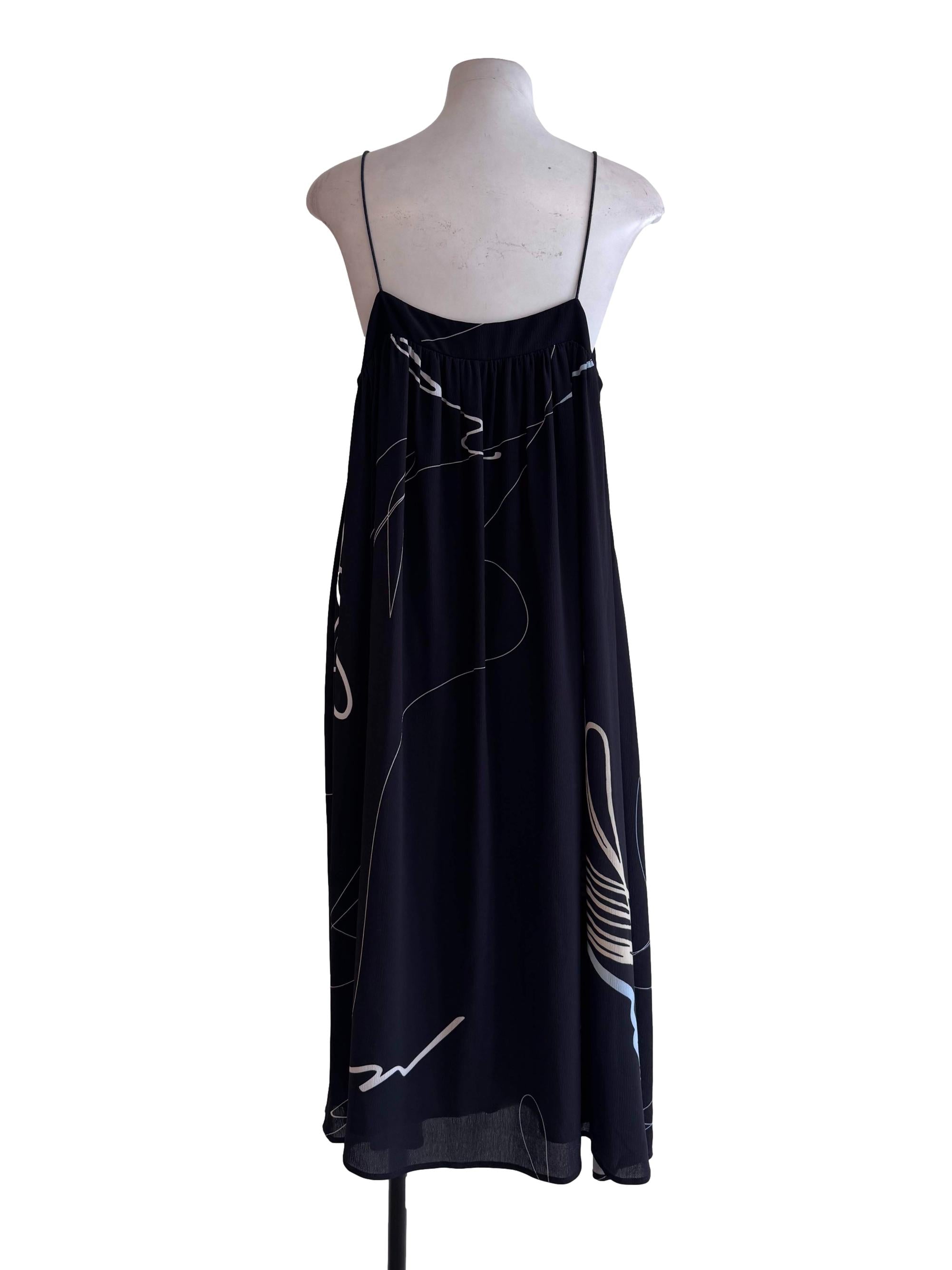 Black Abstract Spaghetti Strap A-Line Midi Dress