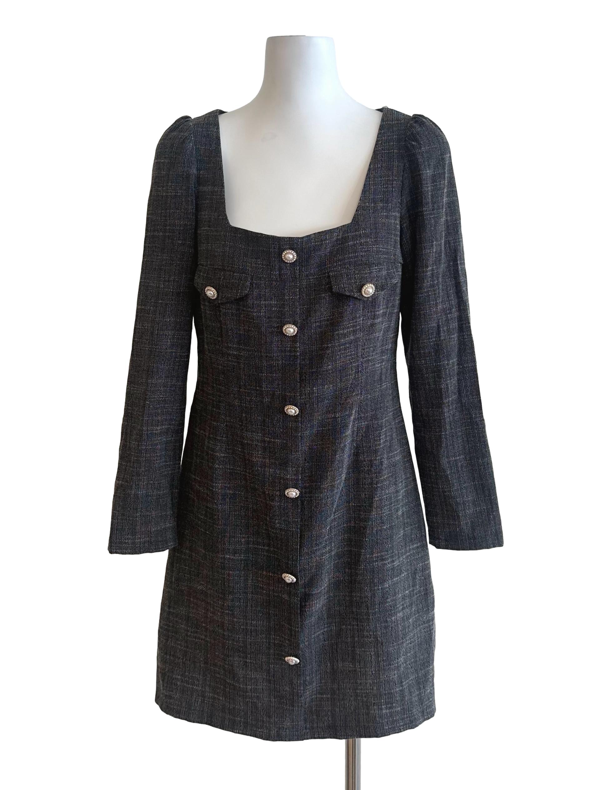 Charcoal Black Textured Button Dress
