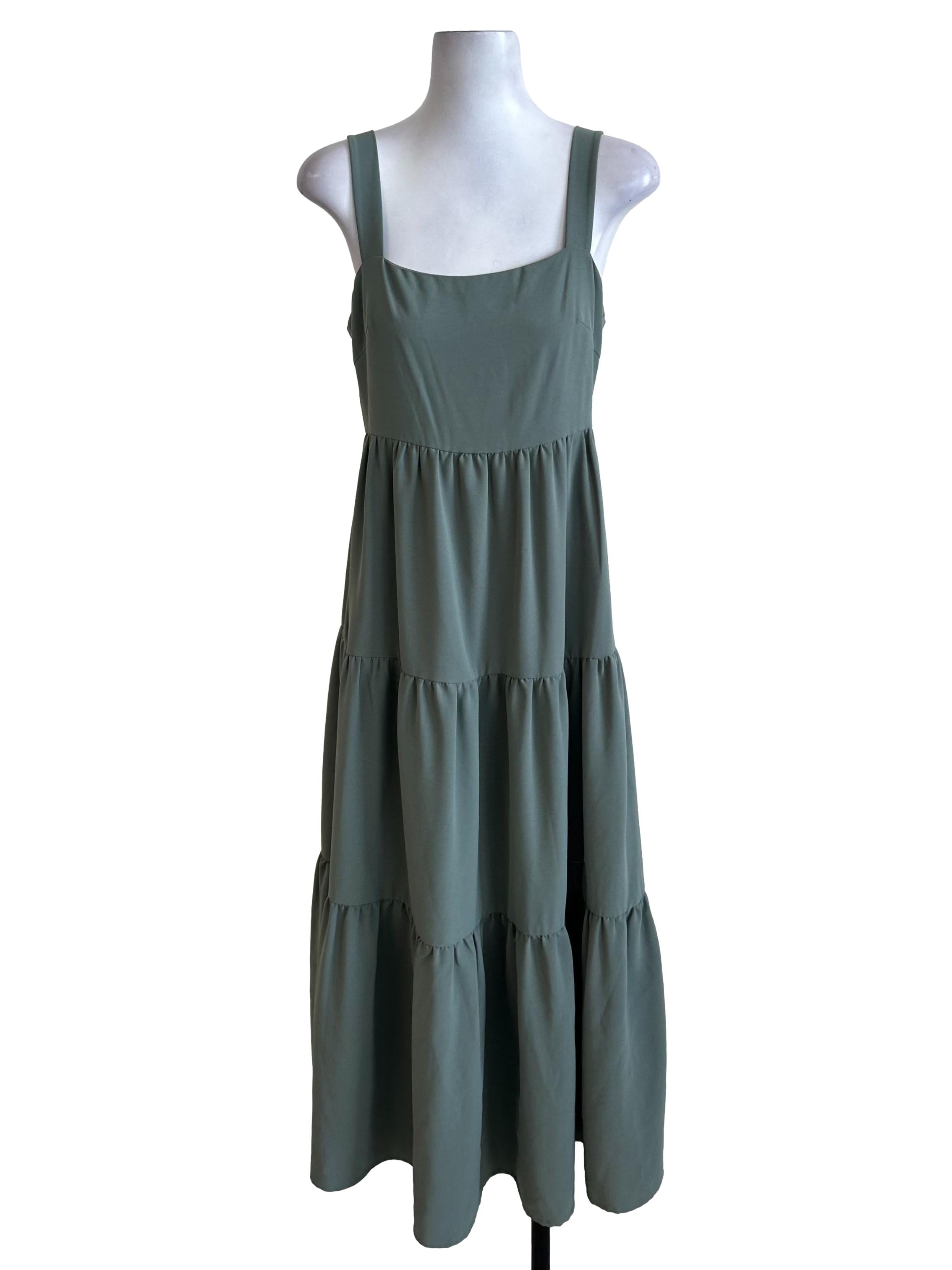 Sage Green Square Neck Tiered Dress